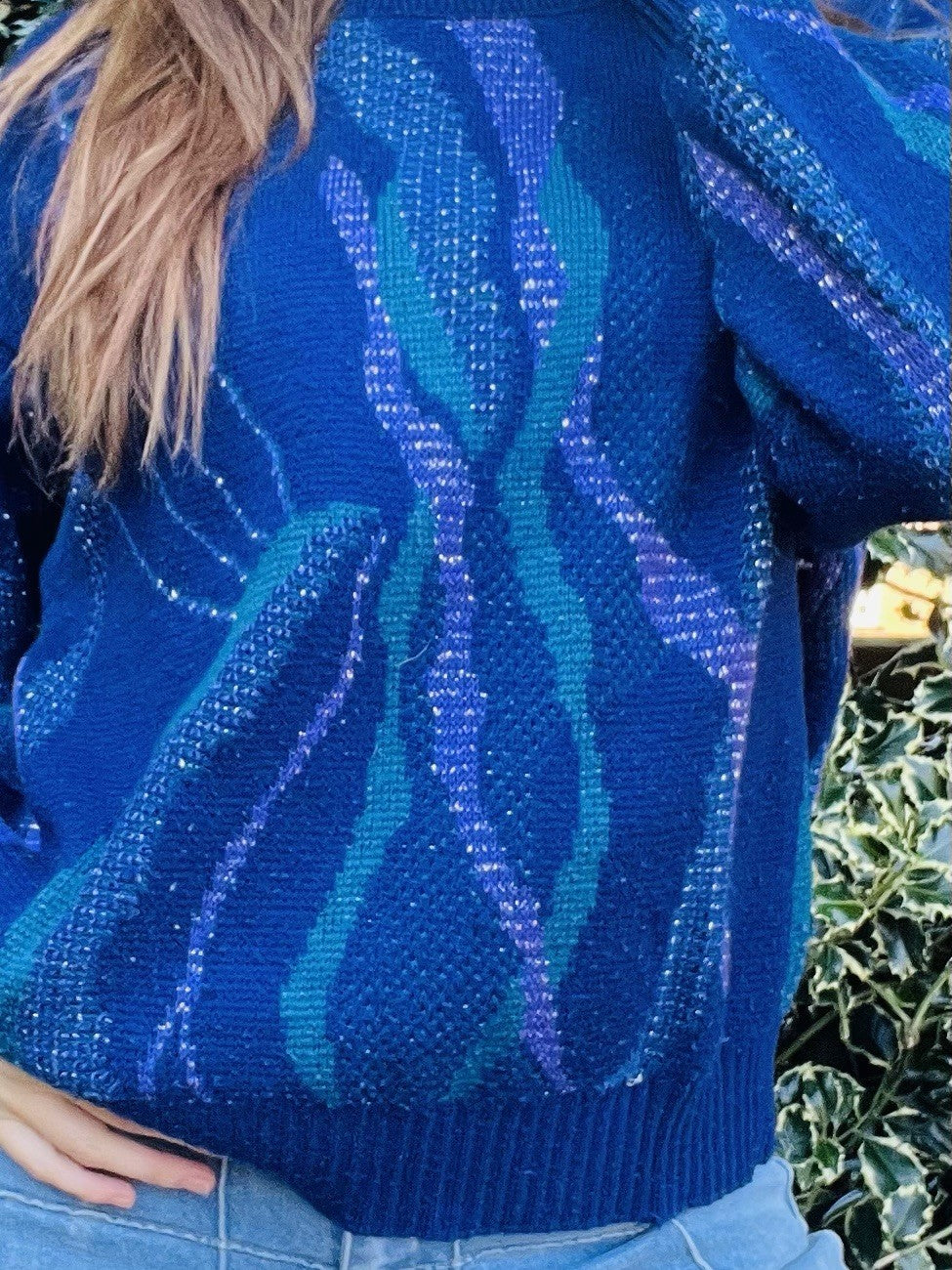 Vintage 1980s Knitted Jumper, Blue Retro Design Winter Knit - Blue Size L