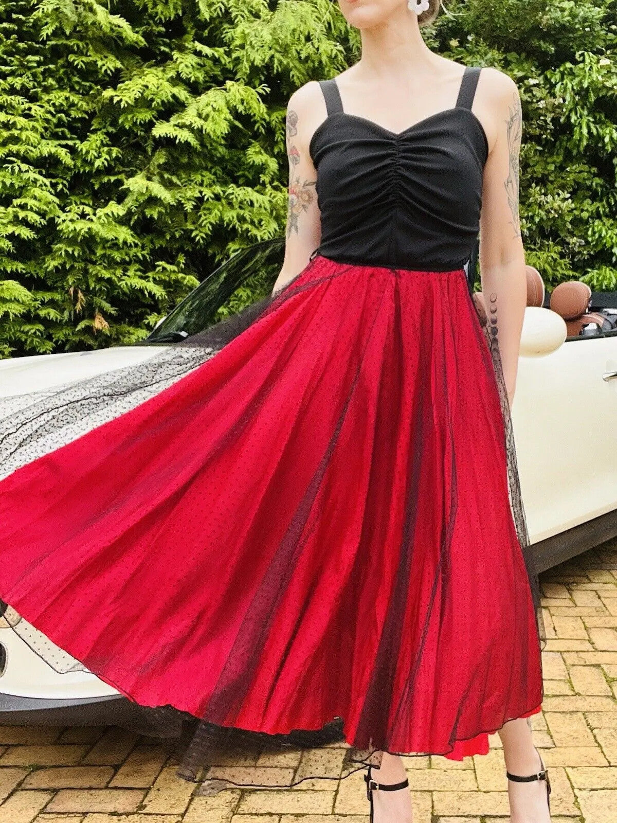 1980s Cocktail Dress Size 8 S True Vintage Black And Red Midi With Lace Overlay