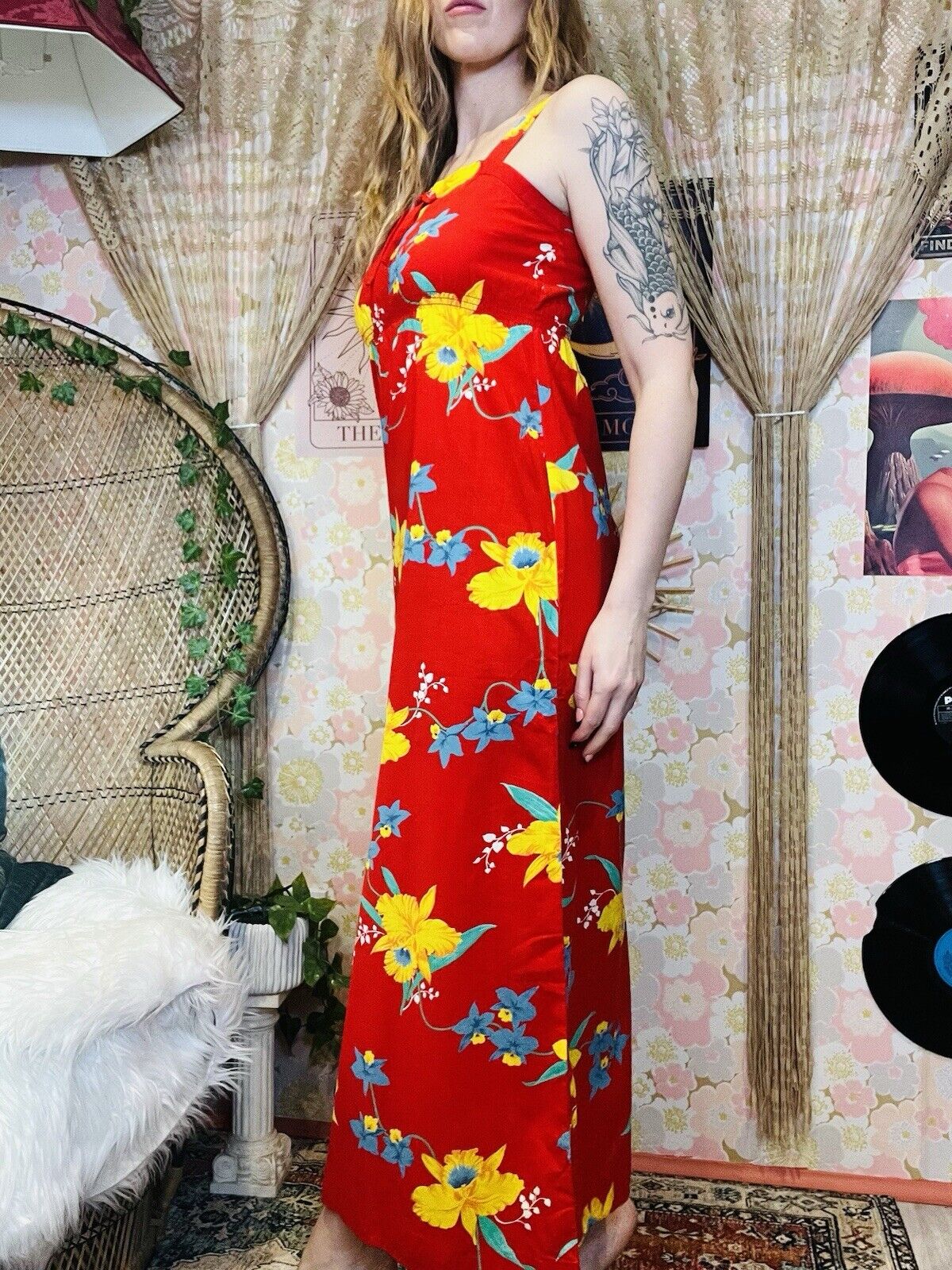 Vintage 1960s Hawaiian Dress By Darina Honolulu Red Floral Maxi Summer Dress 10