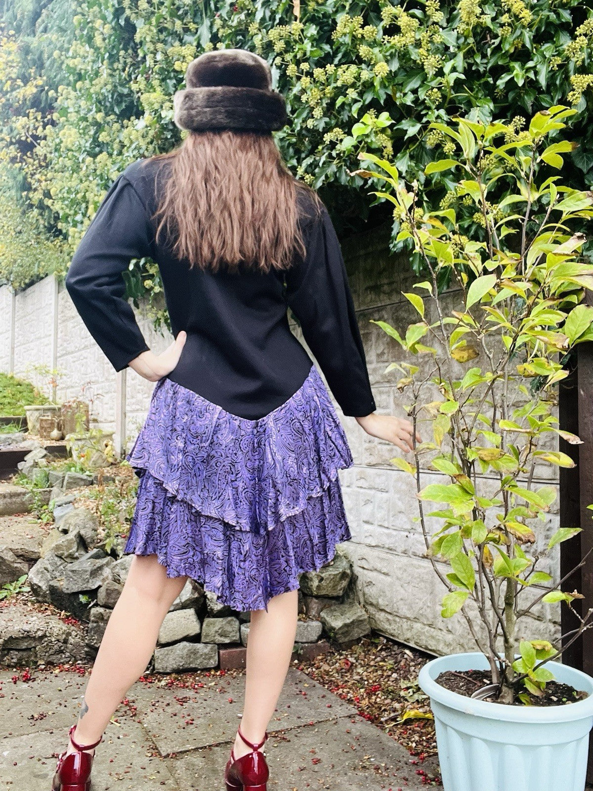 Vintage 1980s Jumper Dress Black Purple Size 16 Long Sleeve Layered Party Dress
