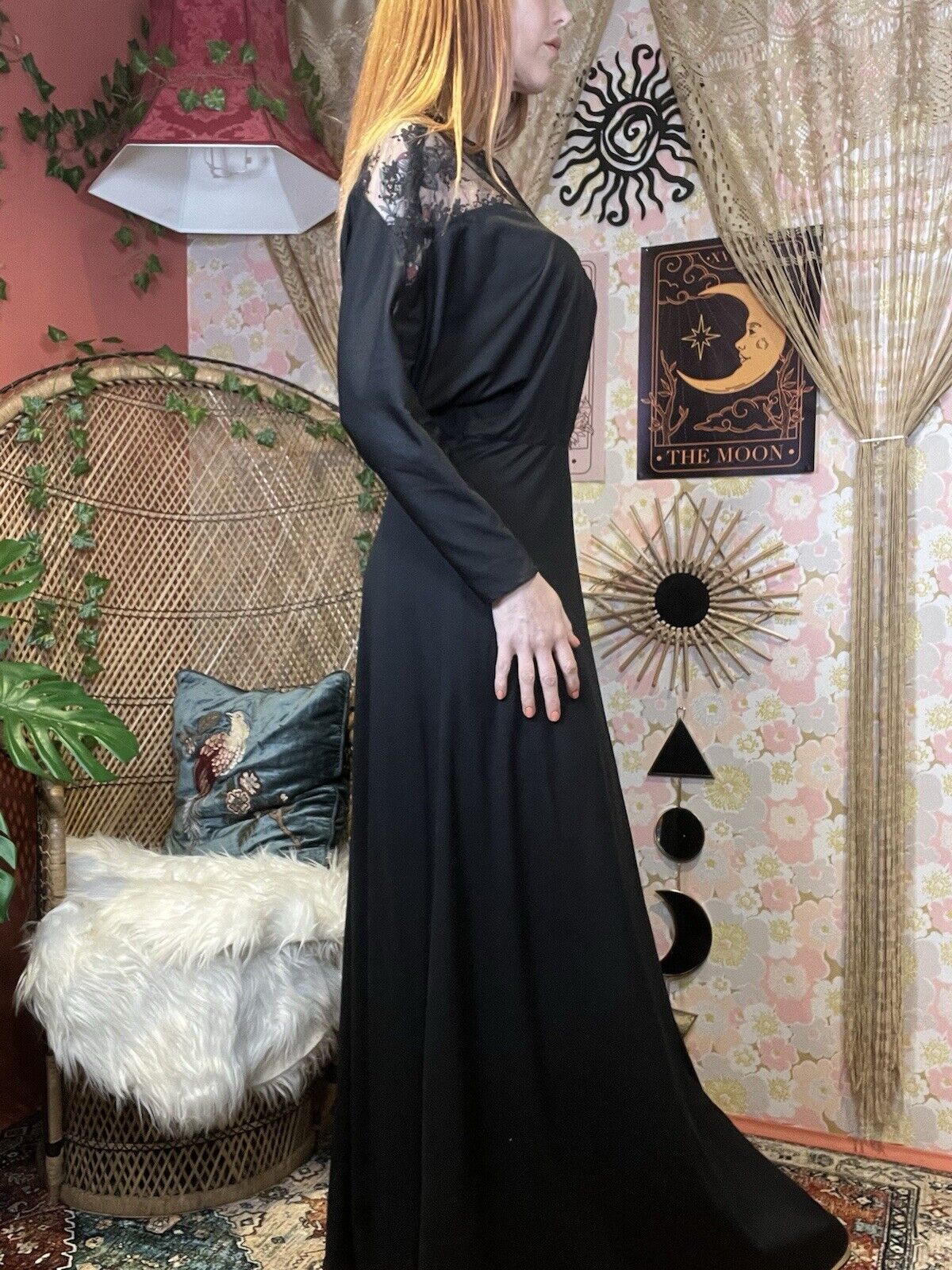 Vintage 1970s Maxi Dress Long Batwing Sleeves And Lace Detail Black Size 10