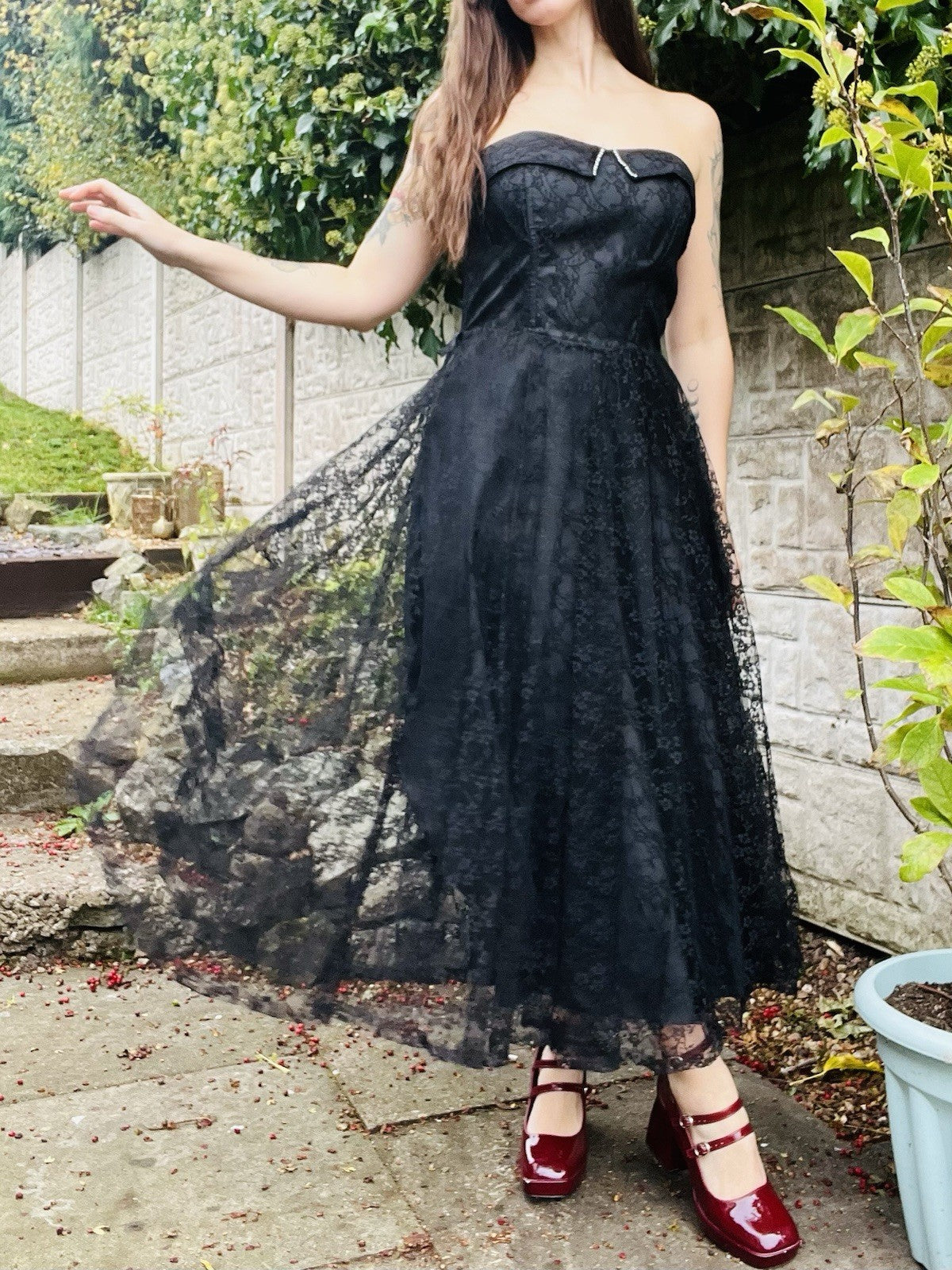 Vintage 1980s Party Dress Black Size 10 Strapless Layered Lace Whimsigoth
