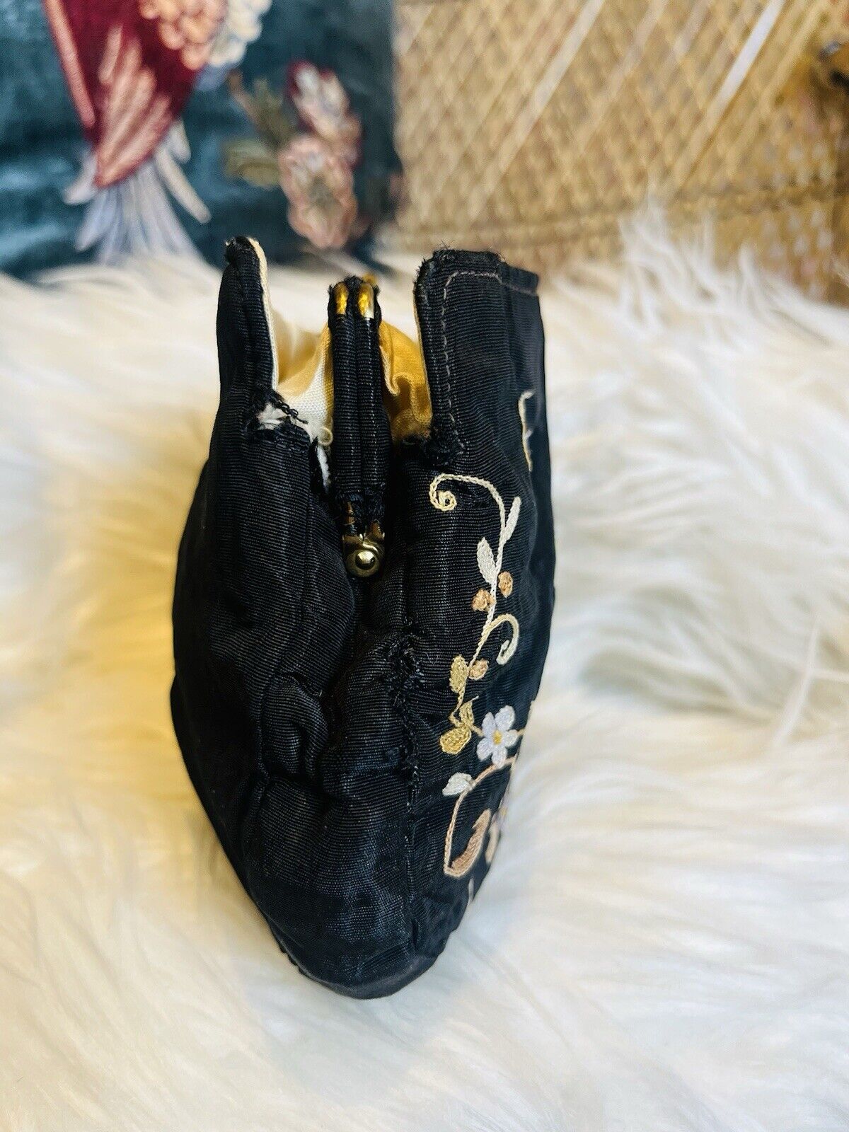 Vintage 1920s Embroidered Bag Small Antique Floral Clutch Purse With Mirror