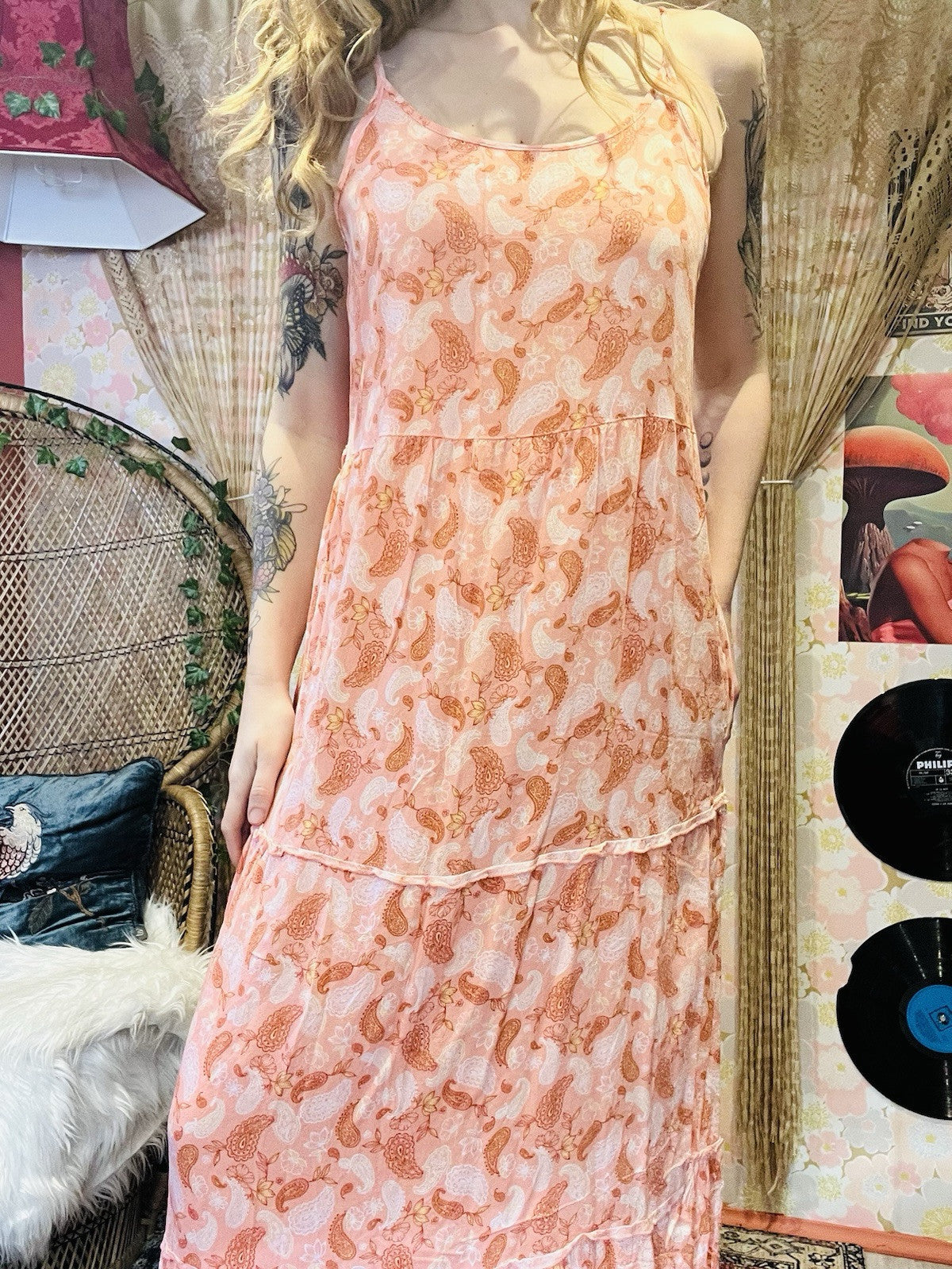 Boho Hippie Maxi Dress Strappy Paisley Long Summer Dress By Up2Fashion Peach M
