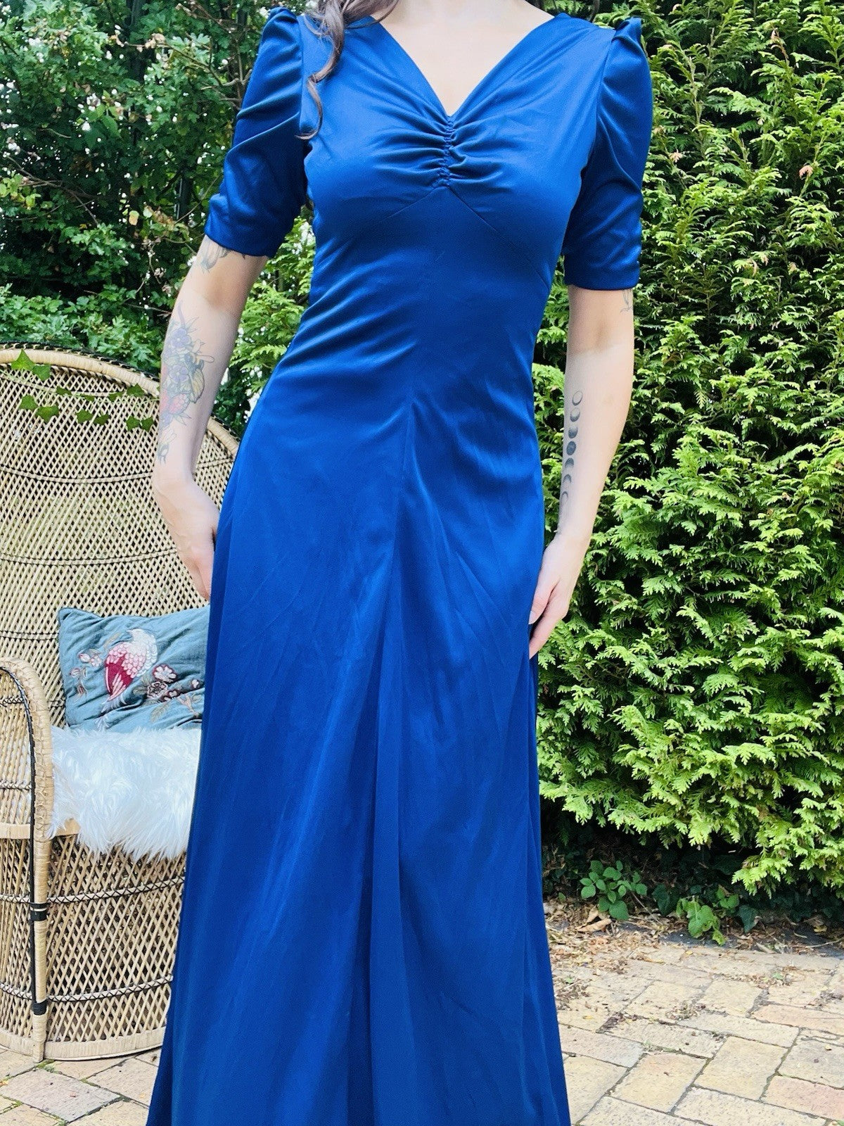 Vintage 1970s Maxi Dress, Short Sleeves Long Length Rouched Bust Dress - Blue 10