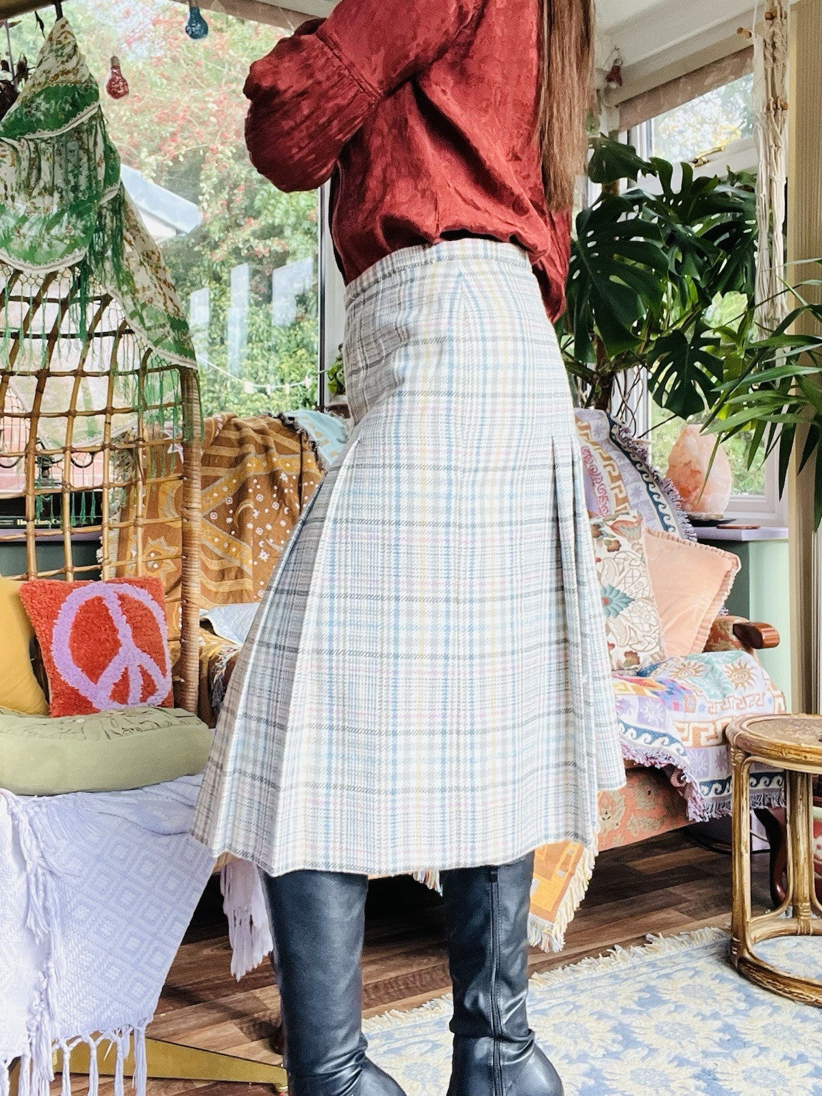 Vintage 1970s Tartan Skirt 100% Wool Pleated Plaid Midi High Waist Skirt Size 16