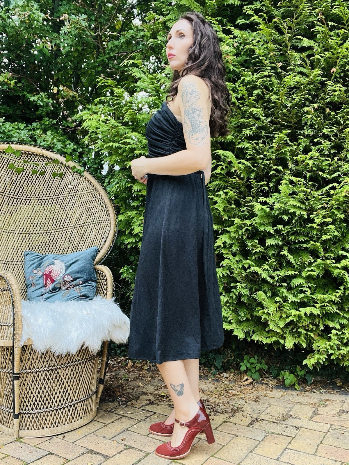Vintage 1980s Party Dress Black Floaty Rouched Waist Strappy Dress Size 12