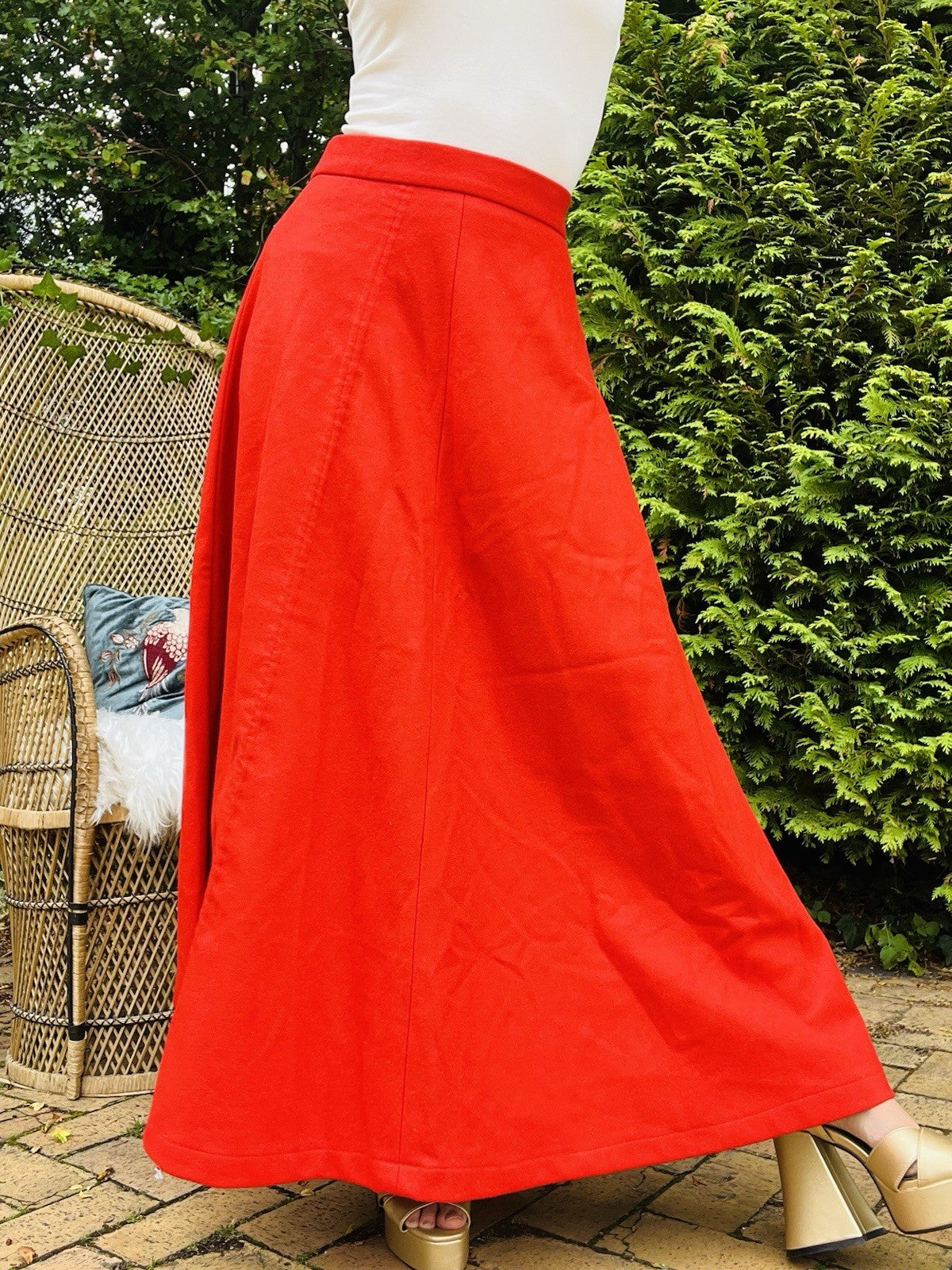 Vintage 1960s Maxi Skirt High Waist Long Skirt With Draw String Ruffle Red 12