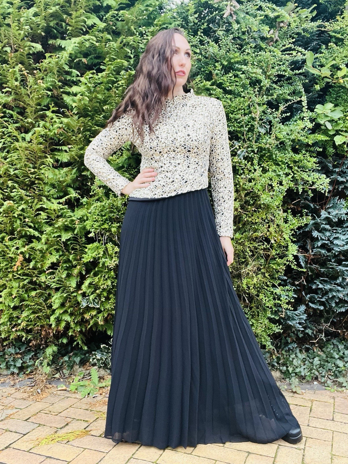 Vintage 1980s Cocktail Dress, Long Sleeve Sparkly Bodice, Pleated Skirt Size 10