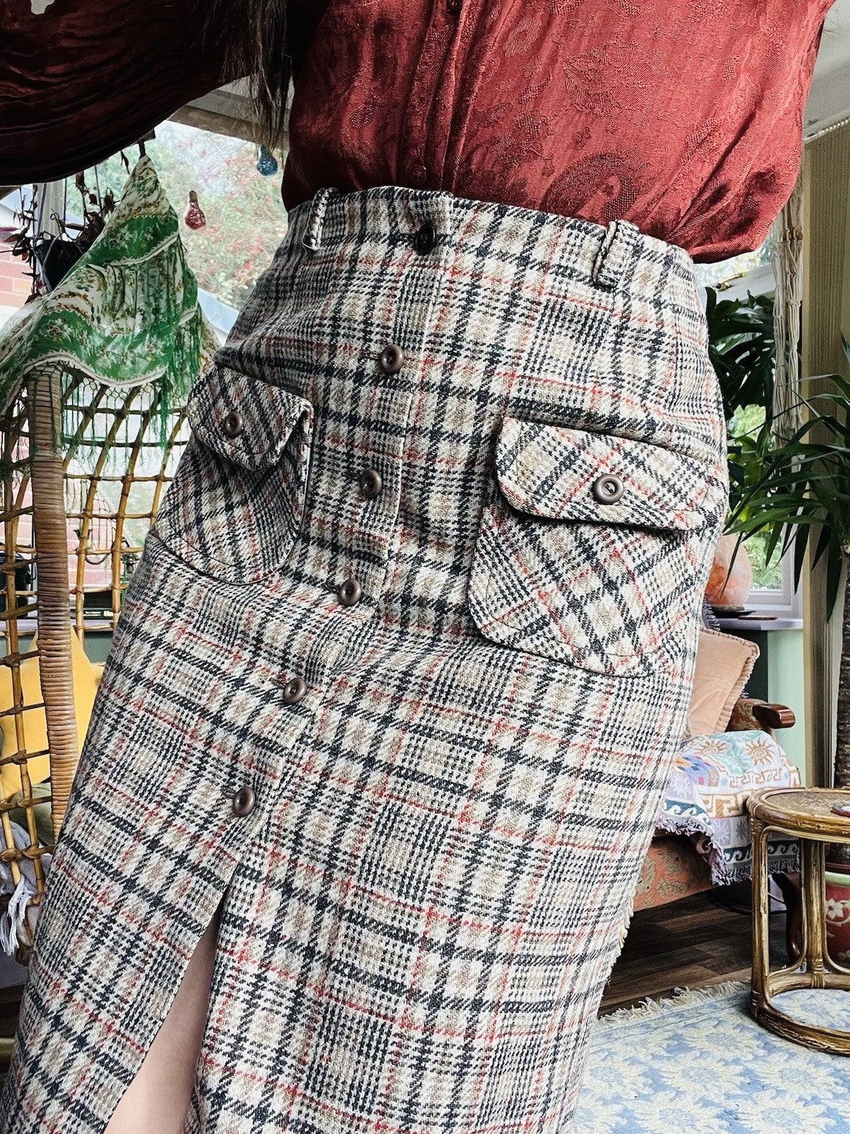 Vintage 1970s Tartan Skirt, Wool Plaid High Waist Button Skirt With Pockets 8