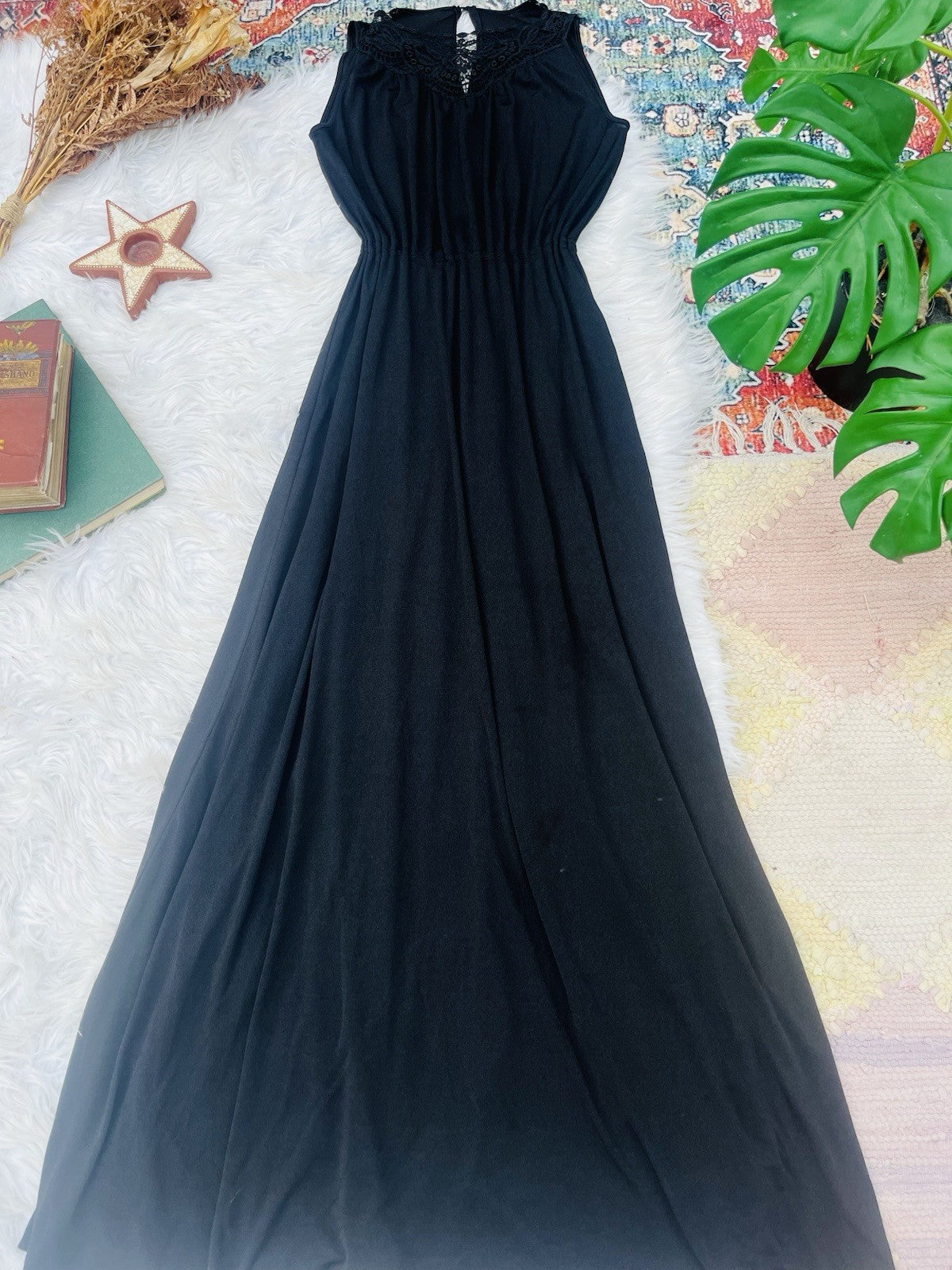Vintage 1970s Maxi Dress Long Floaty Whimsigoth Dress With Lace Detail Black 10