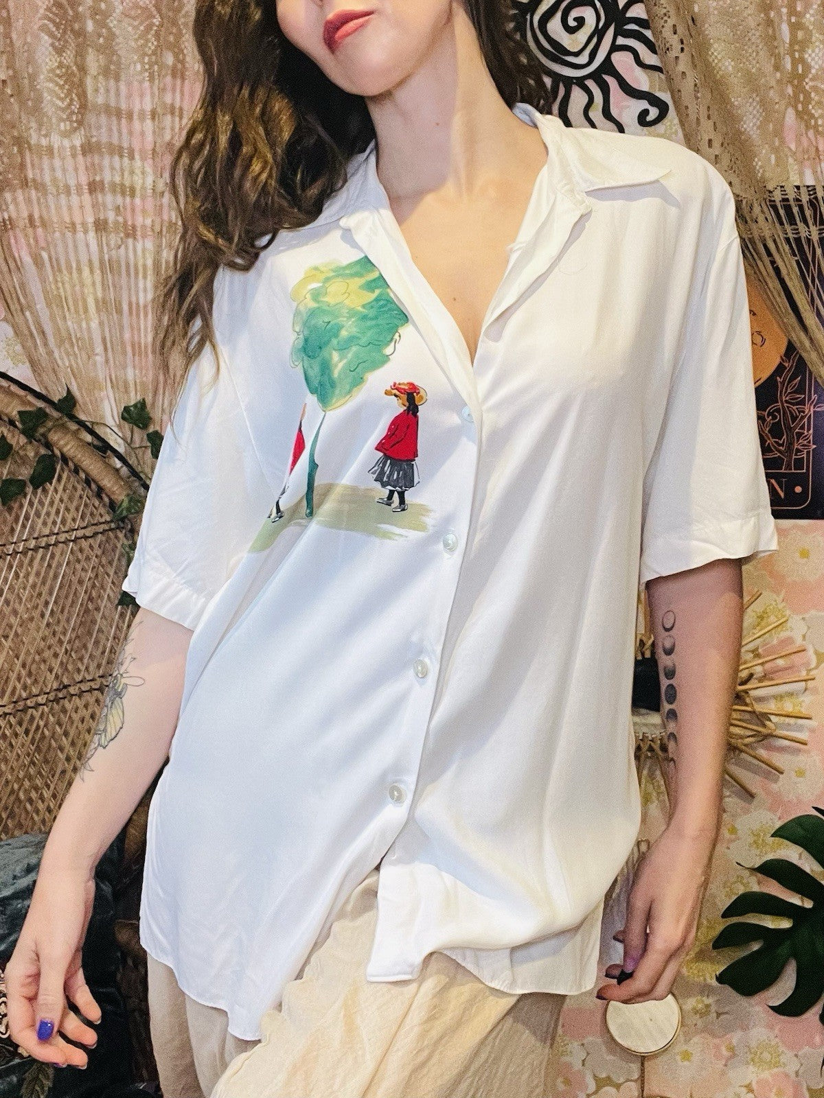 Vintage 1980s Blouse Shirt Watercolour Painting Oversized Baggy Top White 12