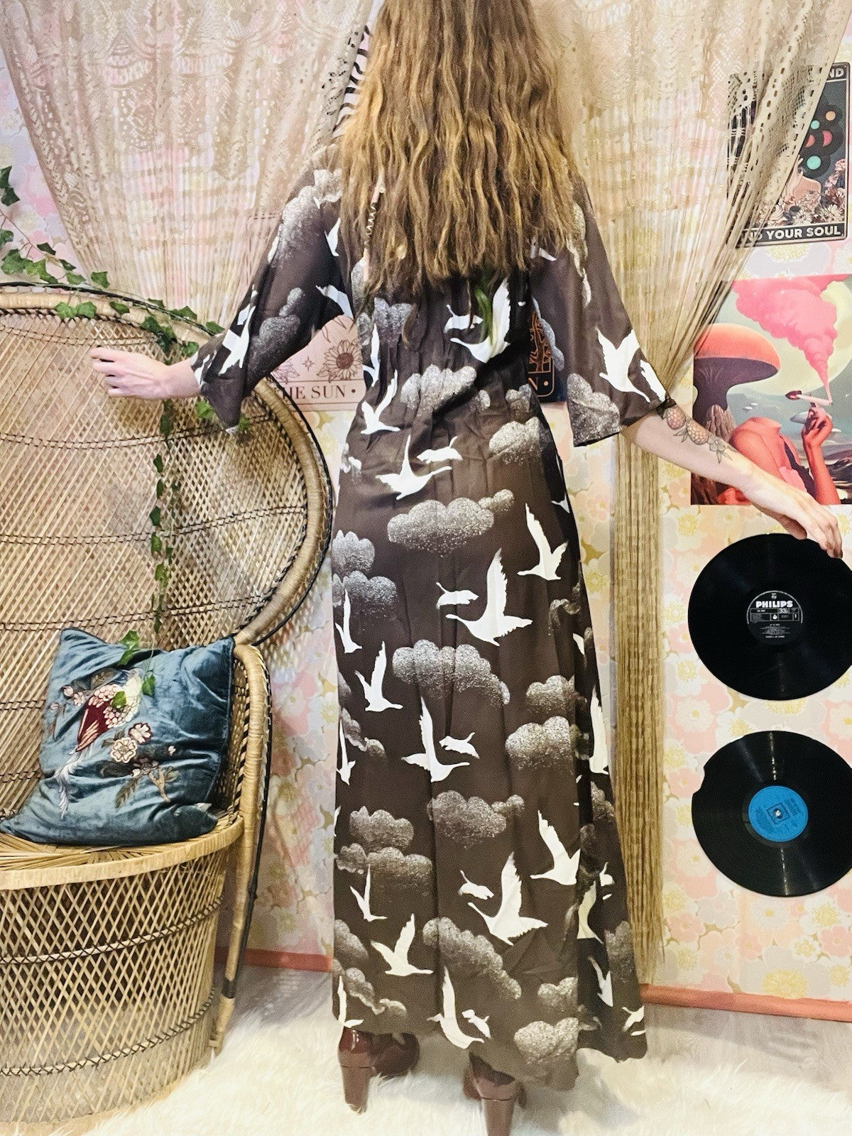 Vintage 1970s Maxi Dress Duster Retro Long Wrap Dress With Tie Belt Brown 10