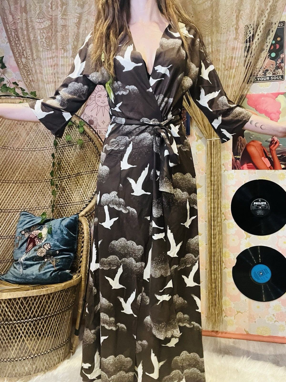 Vintage 1970s Maxi Dress Duster Retro Long Wrap Dress With Tie Belt Brown 10