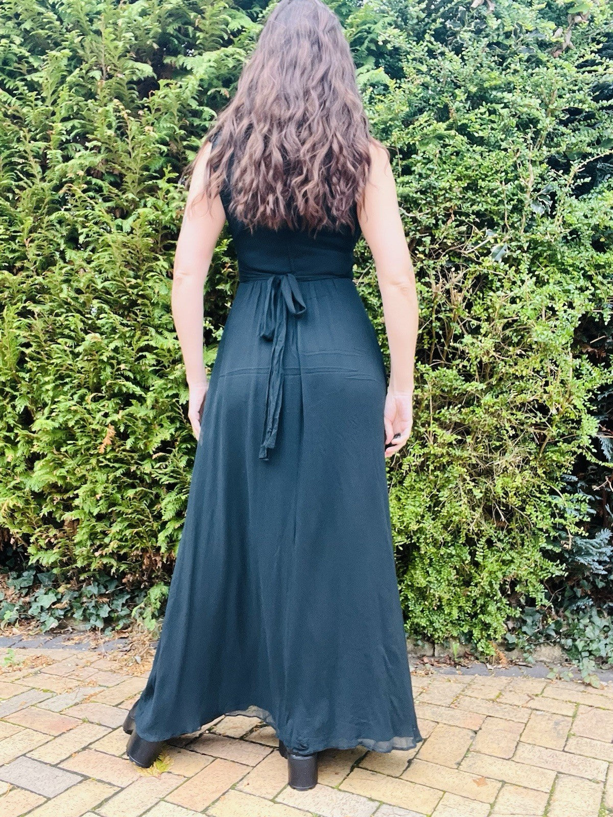 Vintage 1970s Black Dress By Vera Mont, Long Maxi Length, Tie Waist Size 10
