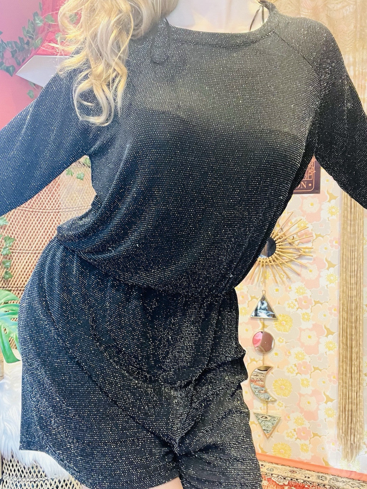 Long Sleeved Playsuit Black Silver Sparkly Glitter Short Bomper With Open Back L
