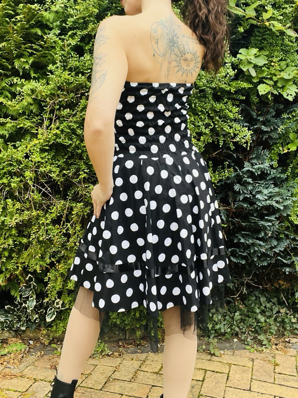 Vintage 1980s Polkadot Dress, Strapless Party Cocktail Dress, Tulle Lining 6-8