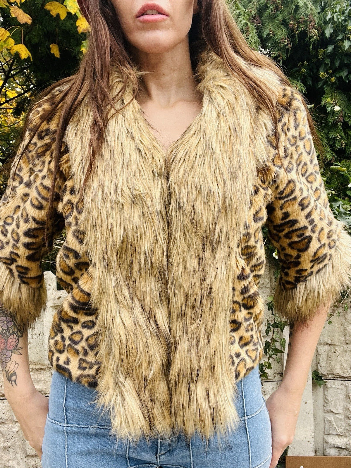 Y2K Faux Fur Coat Vintage Leopard Print Jacket 3/4 Sleeves Size 10-12 Aeromiss