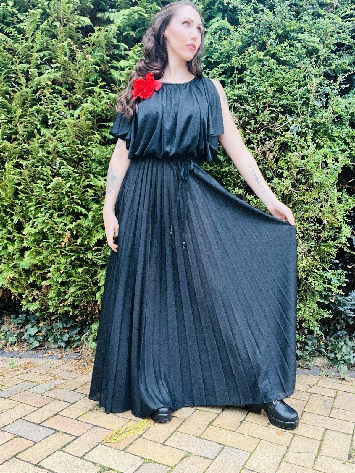 Vintage 1980s Maxi Dress, Long Pleated Skirt, Batwing Cape Sleeve Top, Black 10