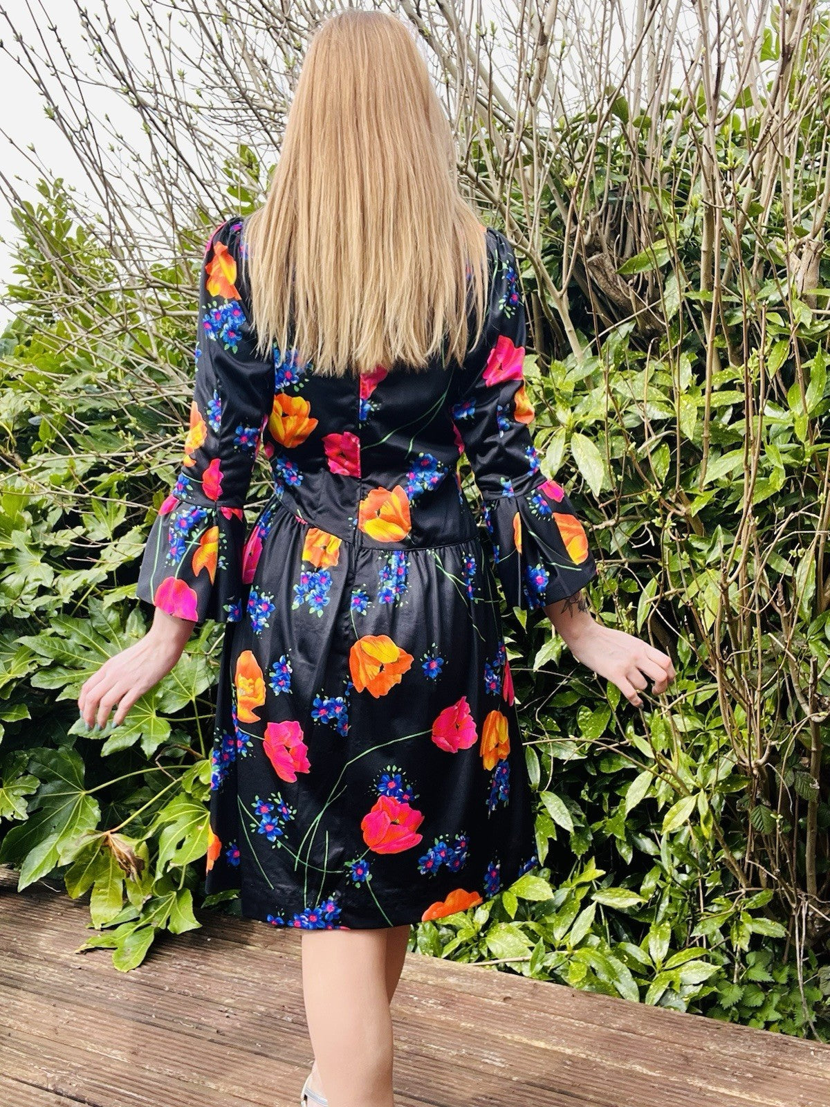 Vintage 1980s Floral Dress Flared Sleeve Assymetric Drop Waist Summer Dress 14