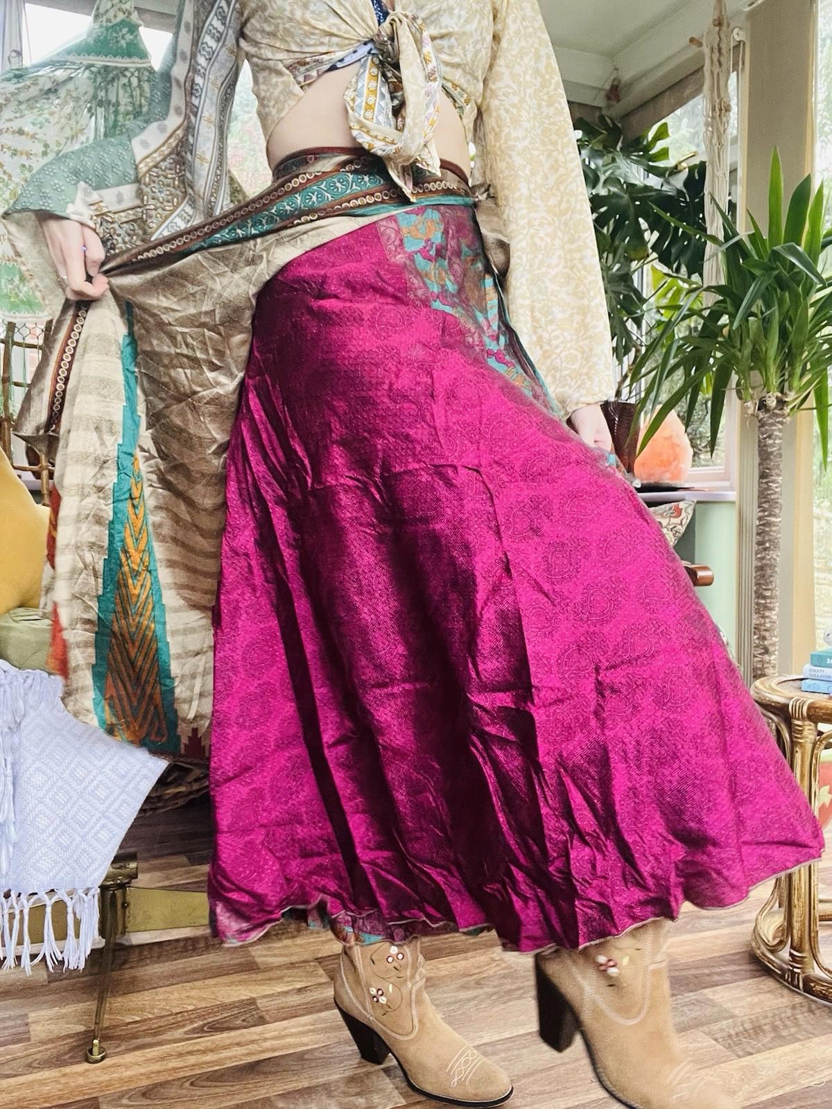 Layered Hippie Maxi Skirt Vintage Sari Silk Hippie Boho Long Gypsy Wrap Skirt