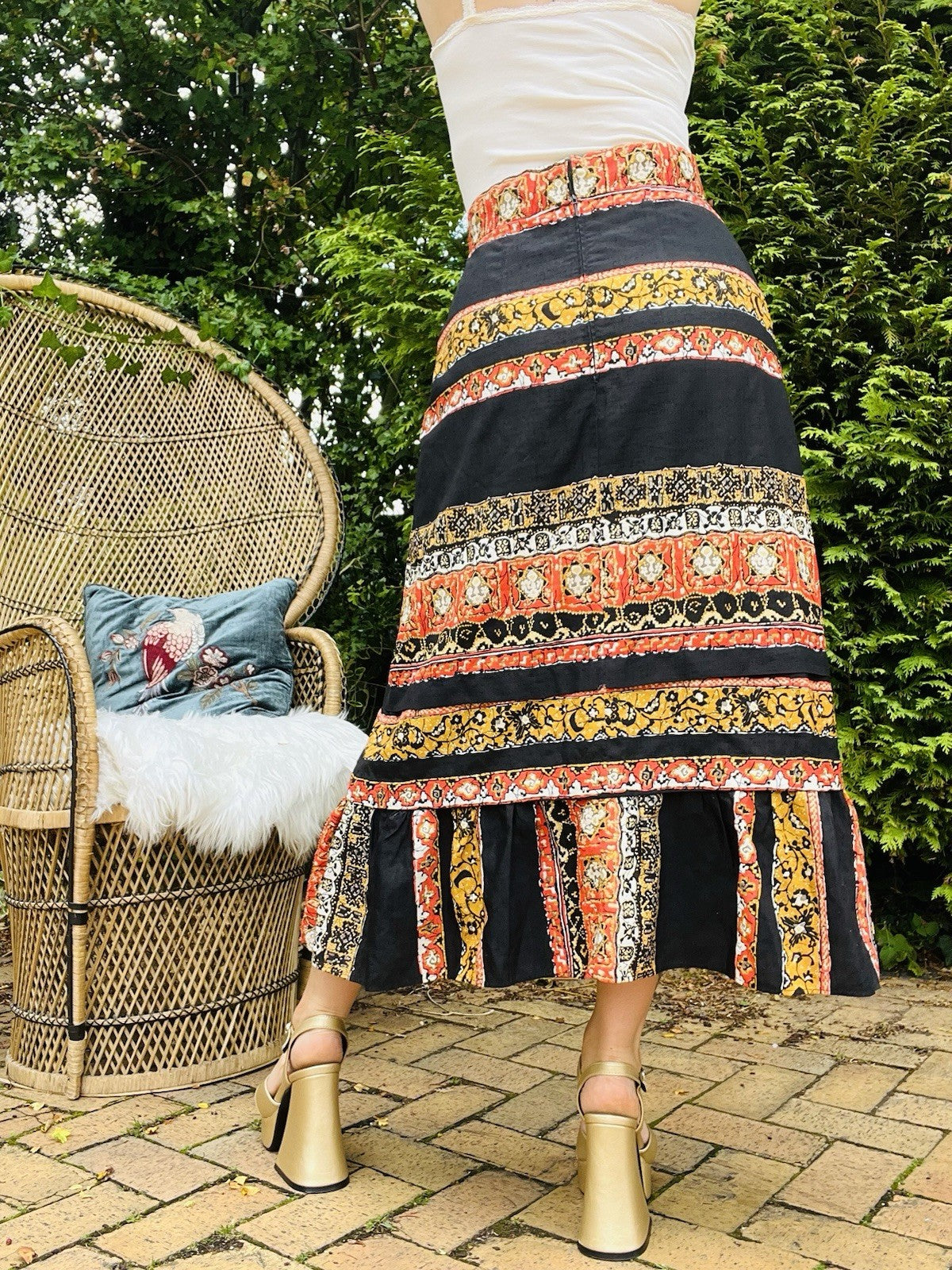 Vintage 1980s Long Skirt High Waist Retro Print Frilly Hem Ankle Length Skirt 12