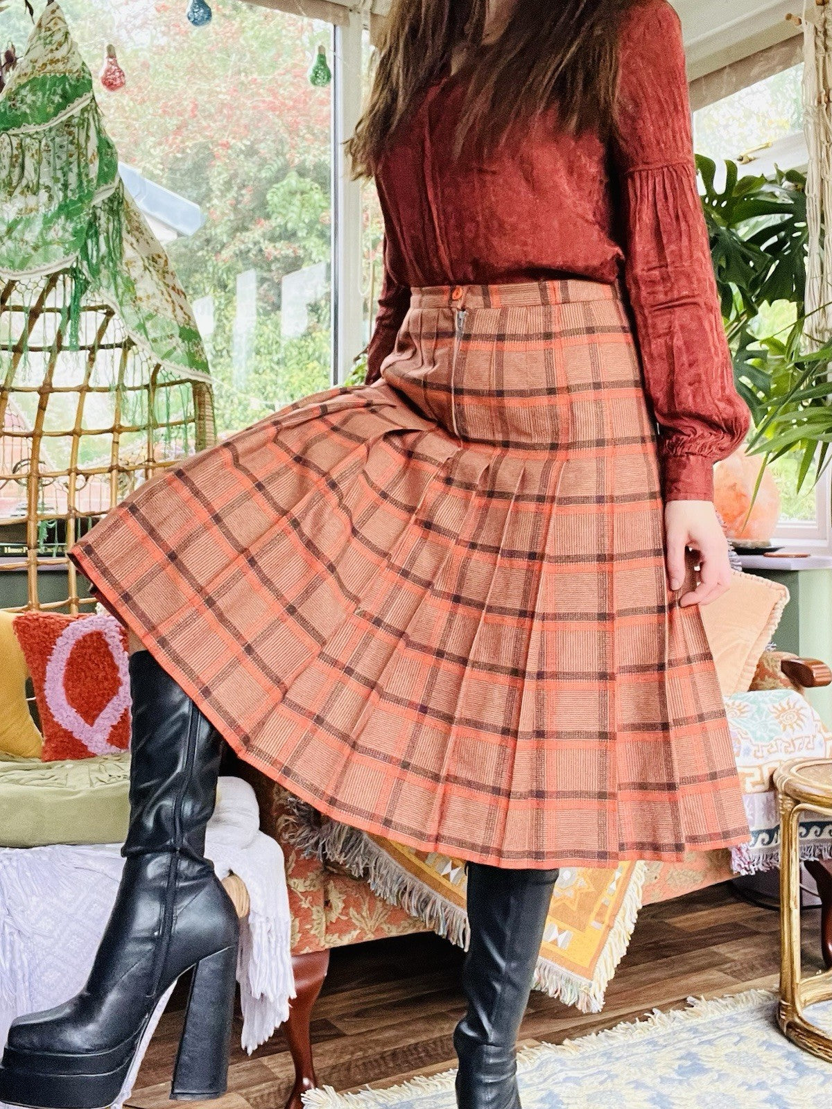 Vintahe 1980s Tartan Skirt, Pleated Plaid High Waist Midi Skirt, Orange Size 12