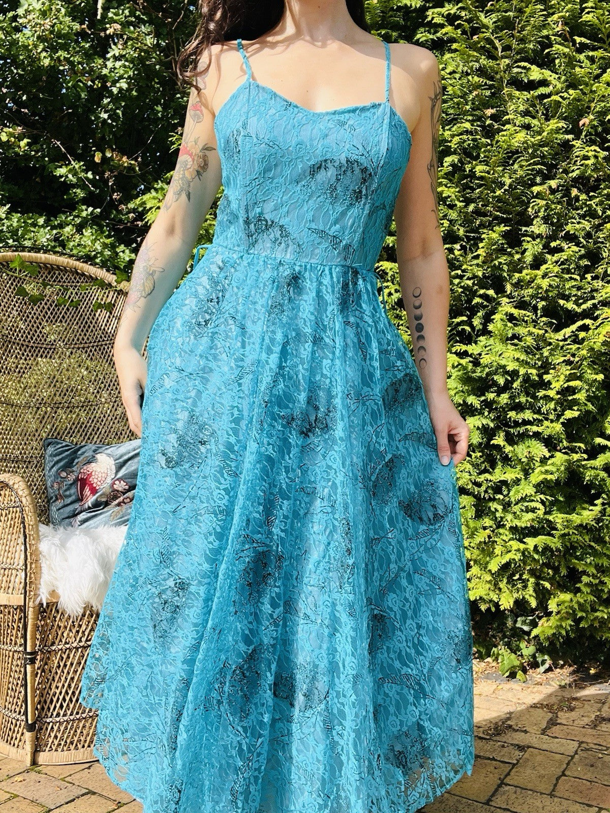 Vintage 1980s Party Dress, Strappy A-line With Floral Lace Overlay - Blue 10