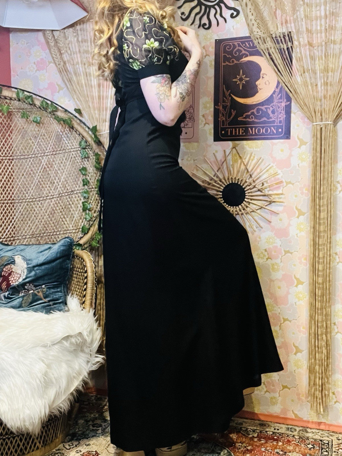 Vintage 1970s Maxi Dress Empire Waist With Embroidered Puff Sleeves Black 12