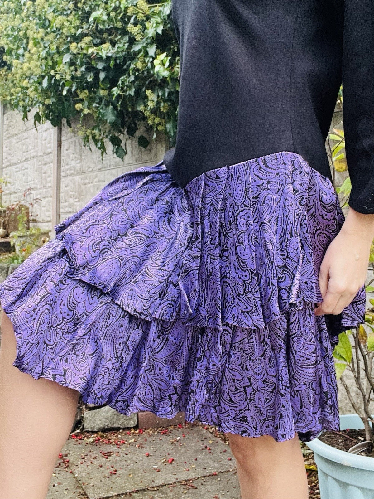 Vintage 1980s Jumper Dress Black Purple Size 16 Long Sleeve Layered Party Dress