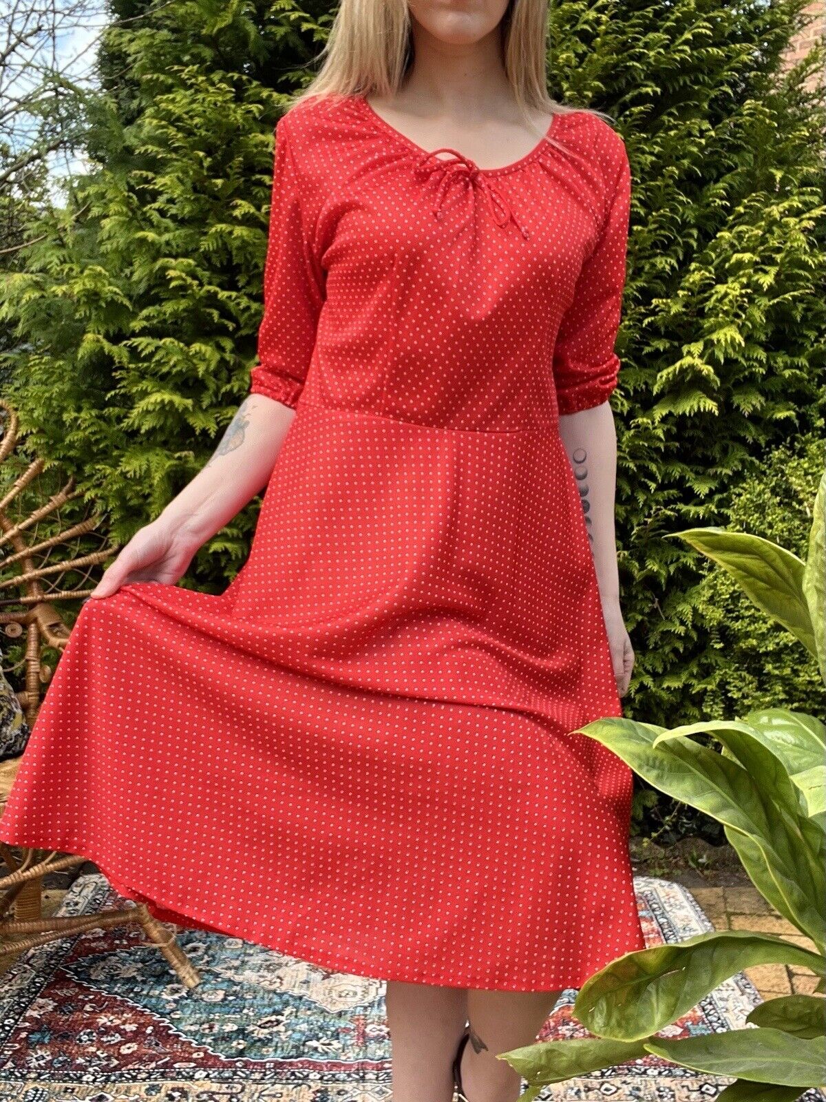 Vintage 80s Polkadot Dress With 3/4 Sleeves Size 14