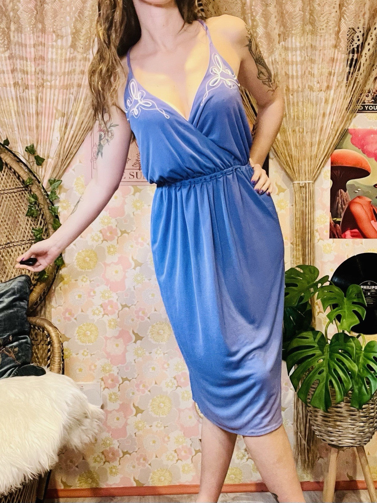 Vintage 1970s Summer Dress By Radley With Embroidered Detail Purple Size 10-12