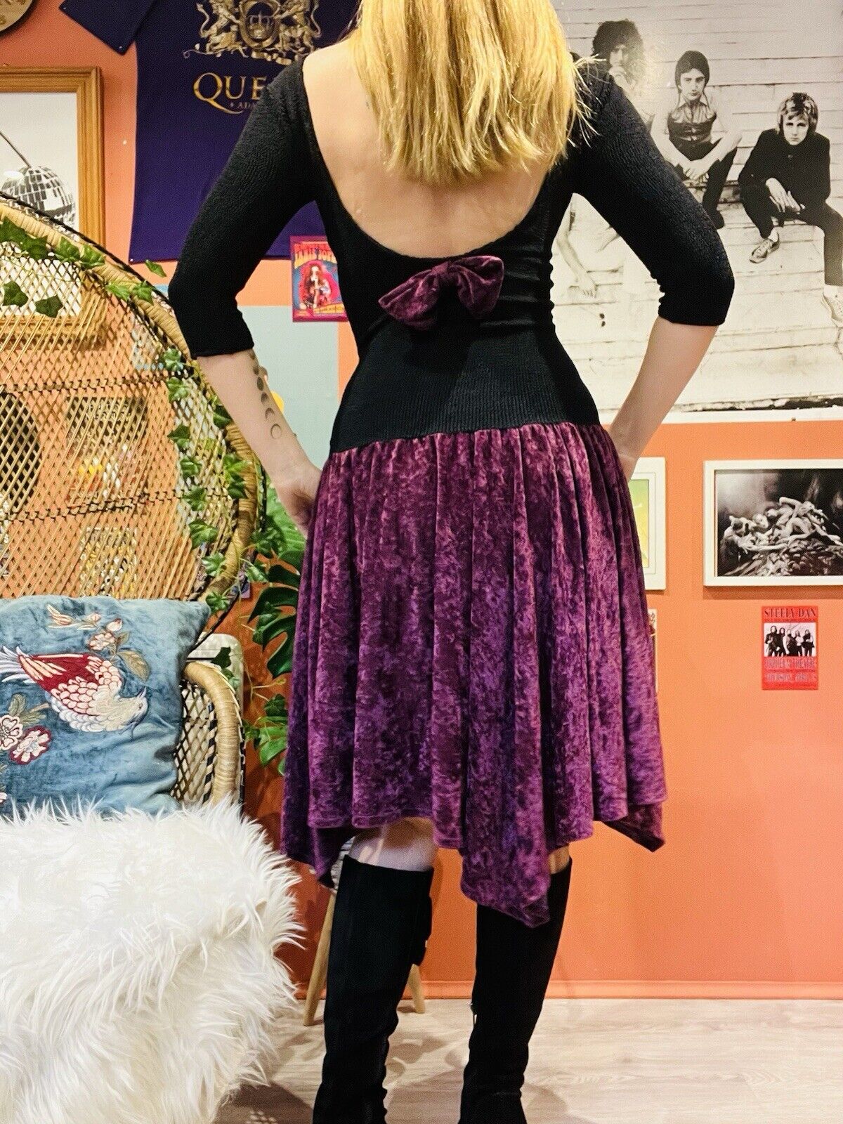 Vintage 90s Velvet Dress By Crystal Whimsigoth Low Back & Bow Black Purple 8-10