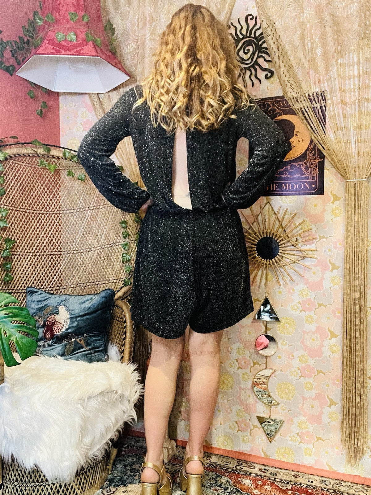 Long Sleeved Playsuit Black Silver Sparkly Glitter Short Bomper With Open Back L