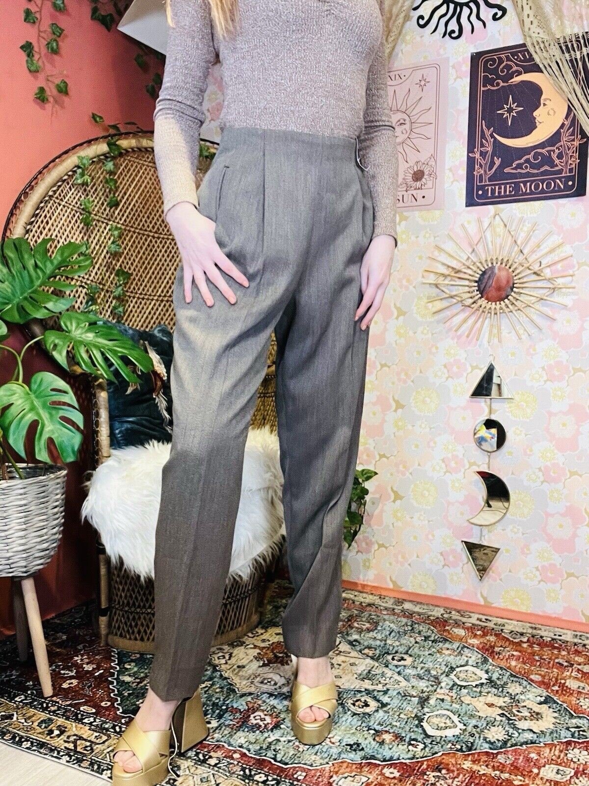 Vintage 80s Work Trousers By St Michael Tailored Tapered Long Leg Grey/beige 10