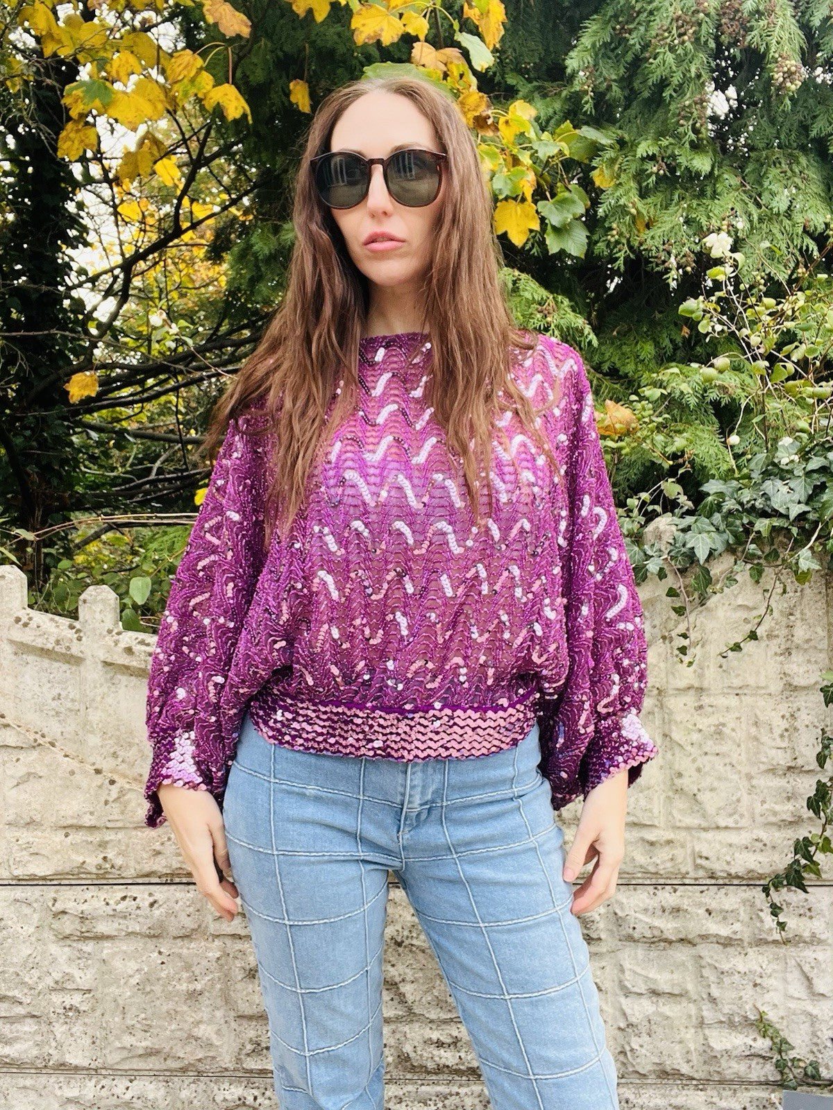 Vintage 1980s Sequin Top Pink Size 14-16 Retro Batwing Sleeve Party Wear