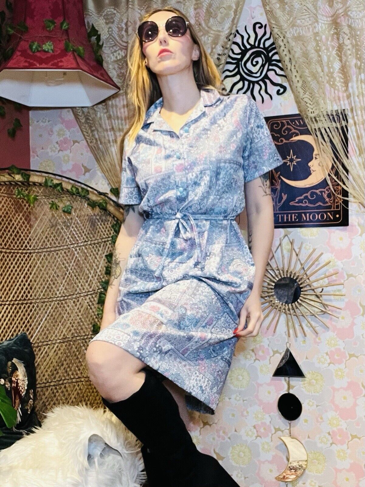 Vintage 1960 Shirt Dress Short Sleeve Floral Paisley Sumner Dress Tie Waist 14