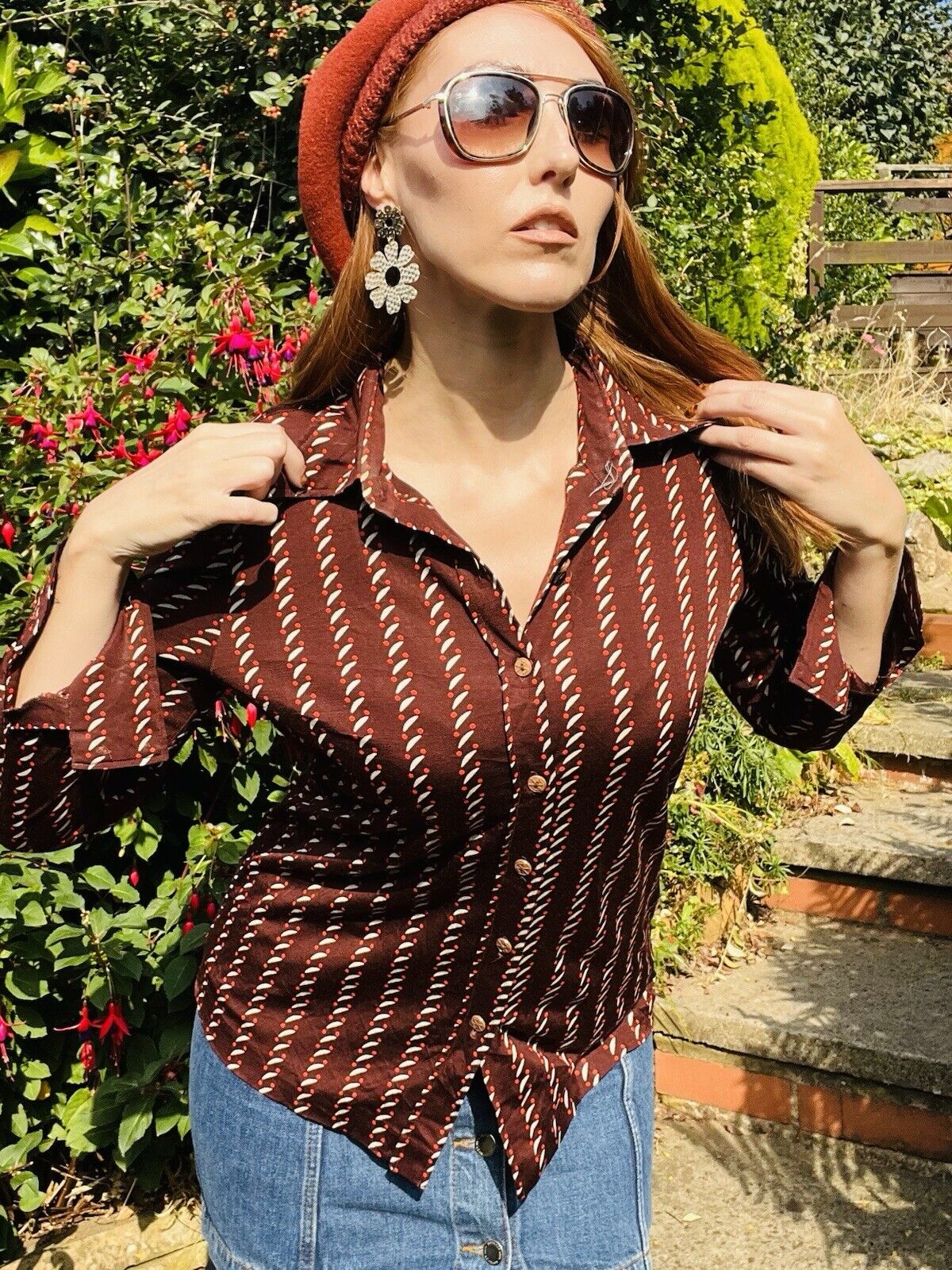 Vintage 1970s Retro Shirt Long Sleeve Abstract Striped Blouse Brown Size 10