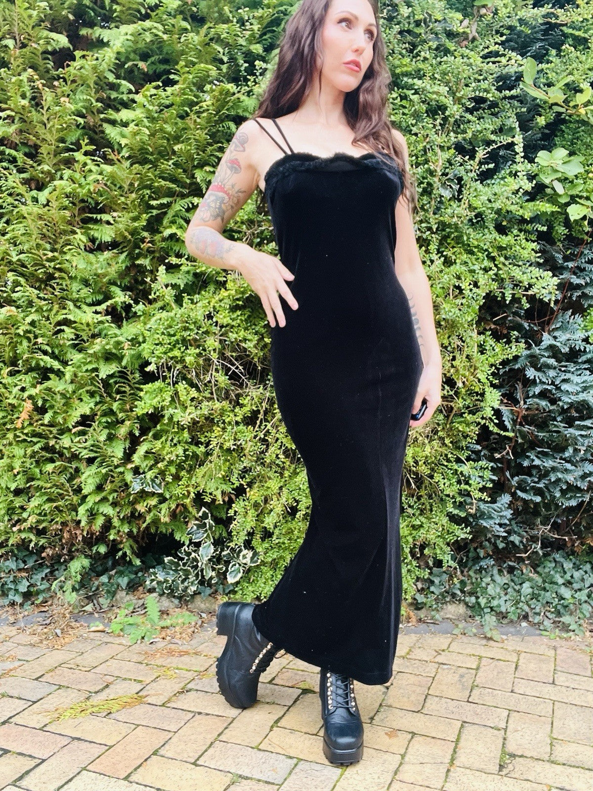 Vintage 1990s Velvet Dress With Fluffy Trim, Pencil Wiggle Dress By El-KA 10