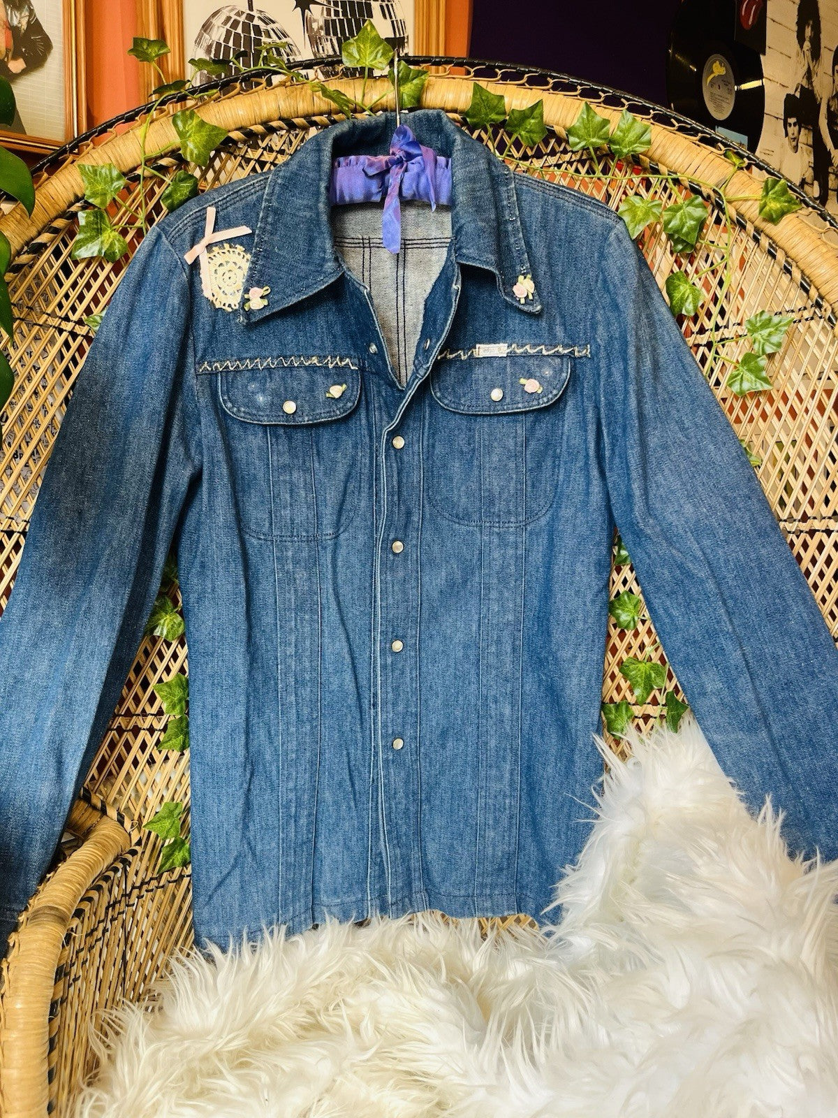 Vintage 1970s Denim Jacket Reworked Donothing Sedgefield Retro Festival Coat S
