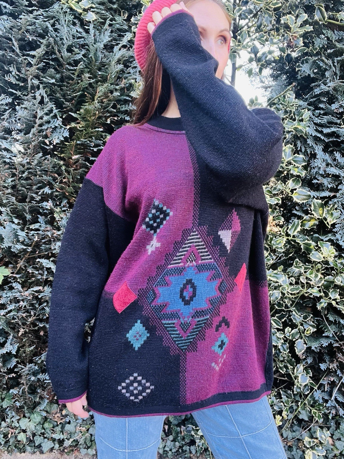 Vintage 1980s Knitted Jumper, Retro Geometric Oversized Wool Blend Knit 14-16