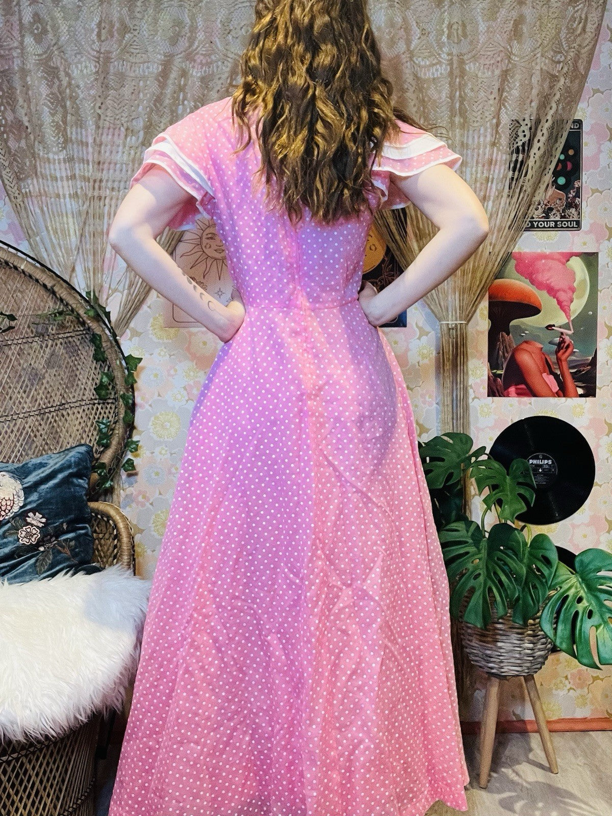 Vintage 1970s Maxi Dress Pink Polcadot Frilly Floaty Long Dress Size 14