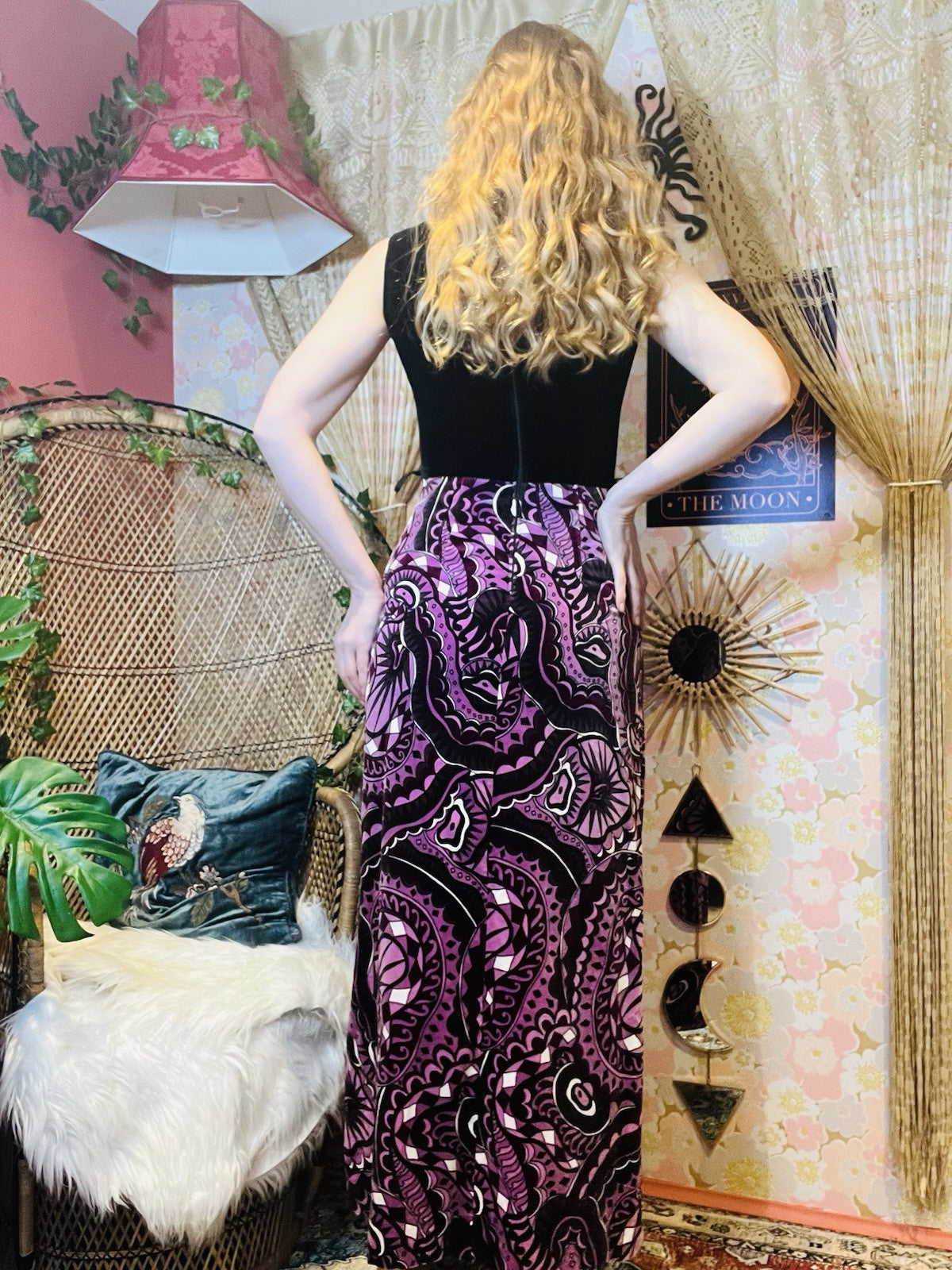 Vintage 1960s Psychedelic Dress Retro Long Maxi Velvet Dress Black Purple 10