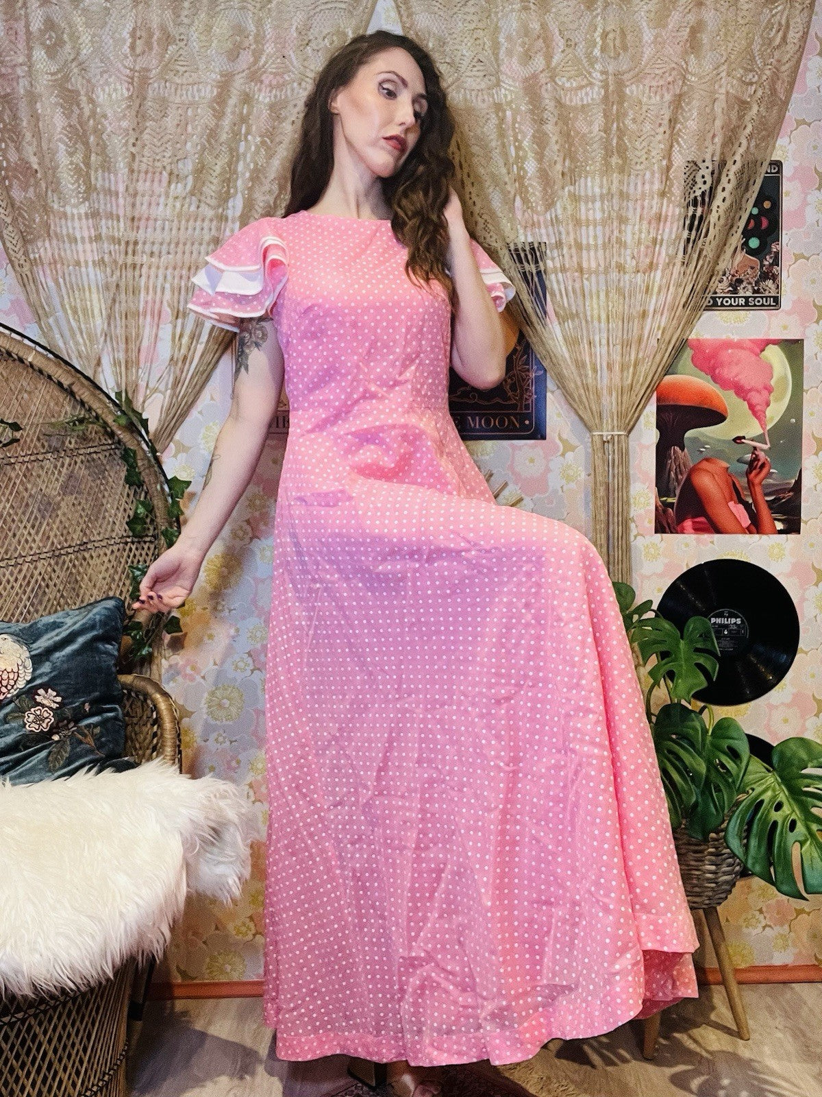 Vintage 1970s Maxi Dress Pink Polcadot Frilly Floaty Long Dress Size 14