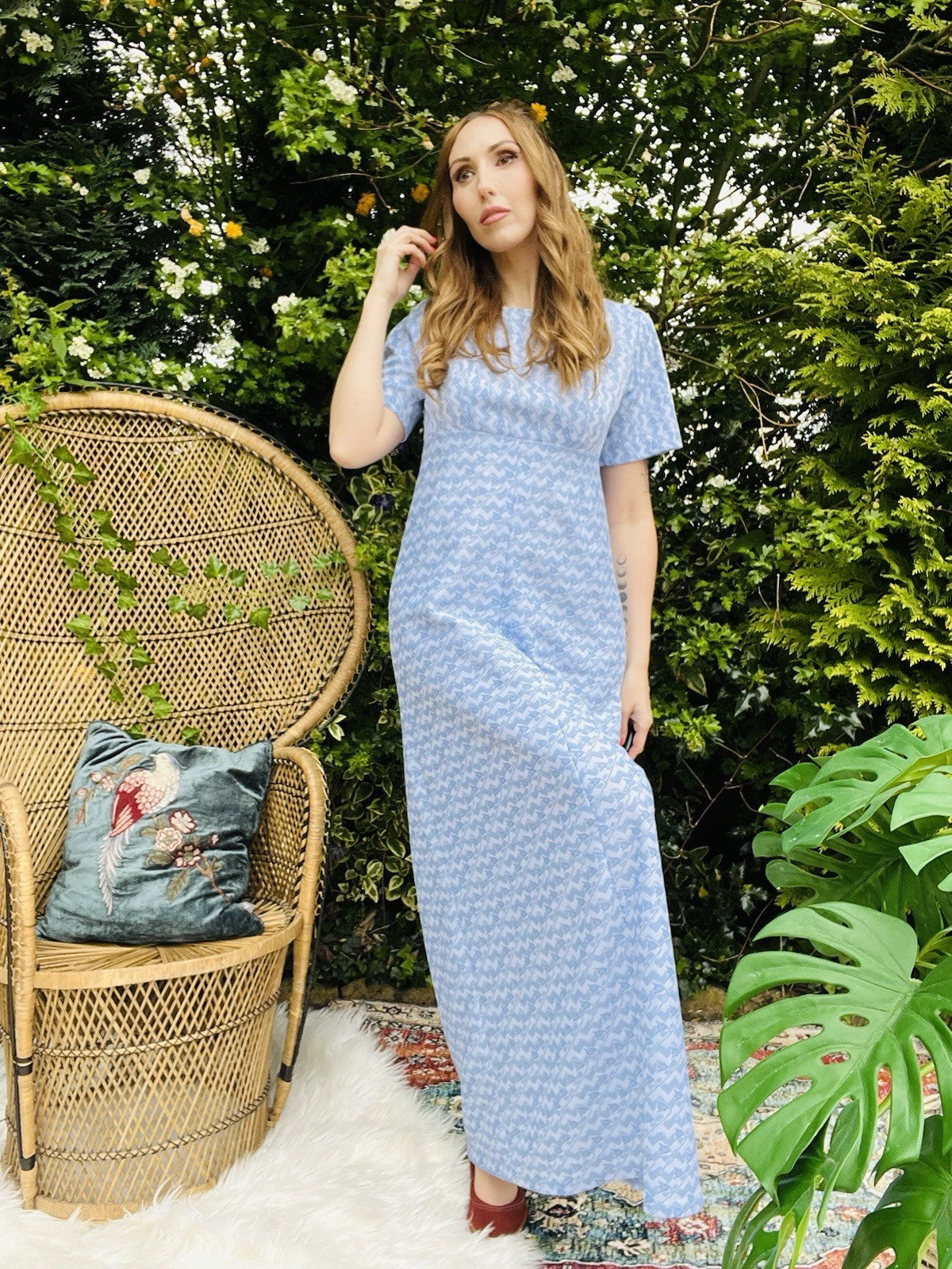 Vintage 1960s Maxi Dress Empire Waist Short Sleeve Long Summer Dress Blue 14