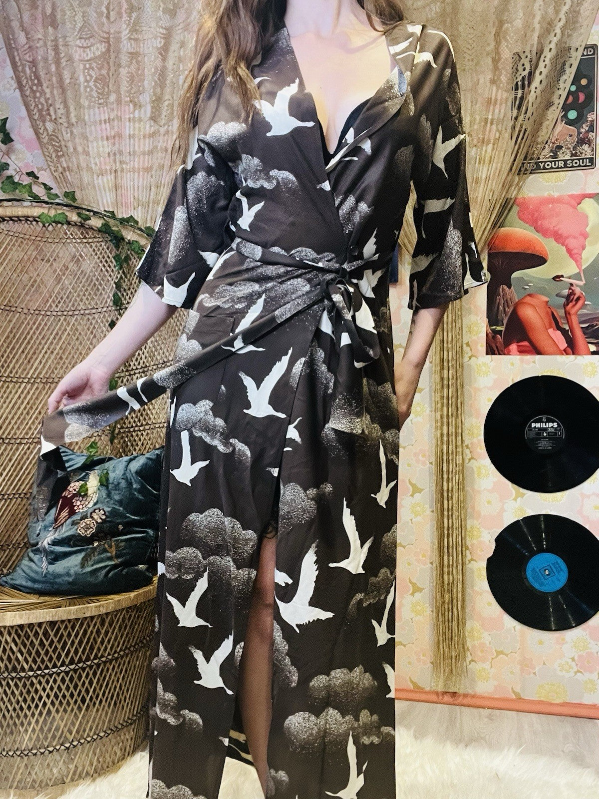 Vintage 1970s Maxi Dress Duster Retro Long Wrap Dress With Tie Belt Brown 10