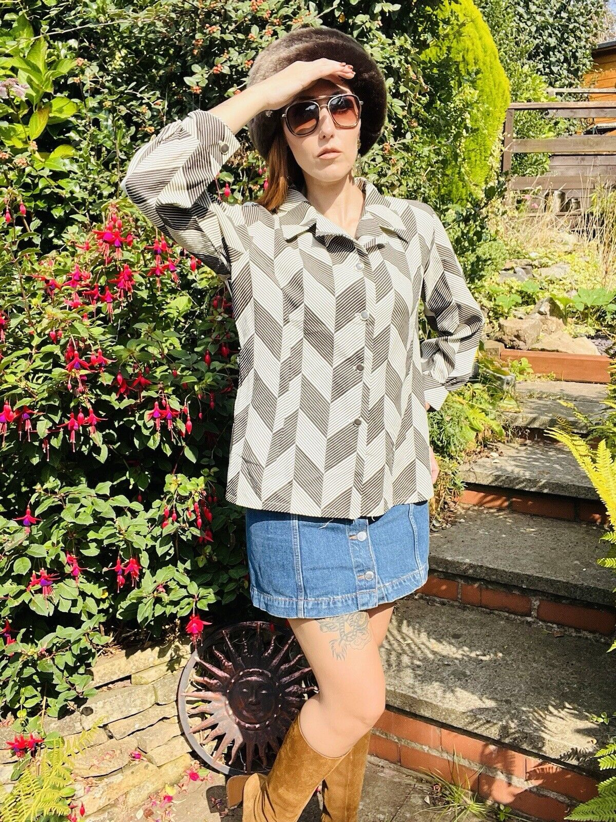 Vintage 1980s Abstract Shirt Retro Long Sleeve Blouse Black White Striped 16