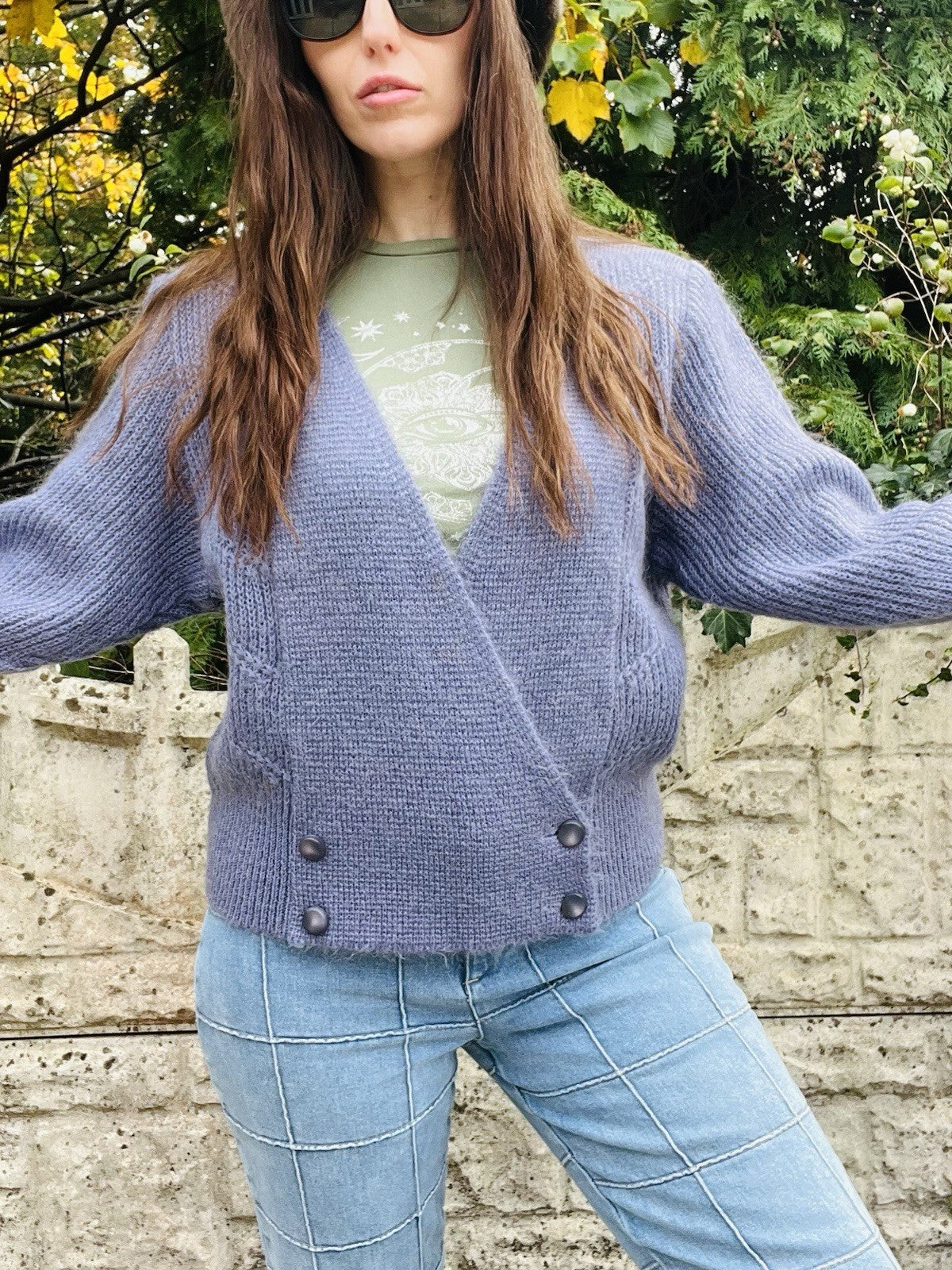 1980s Knit Cardigan Lilac Size 10-12 M True Vintage Lined Winter V Neck Jumper