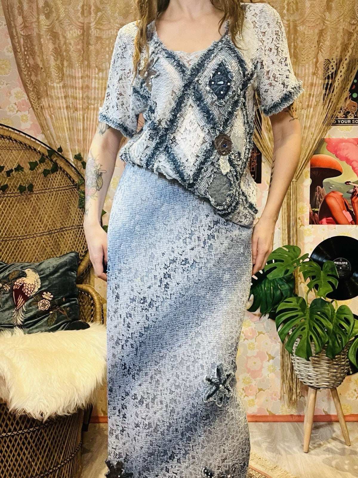 Vintage 90s Two Price Coord Set Maxi Skirt Sand T-shirt Top Frayed Denim Look 14