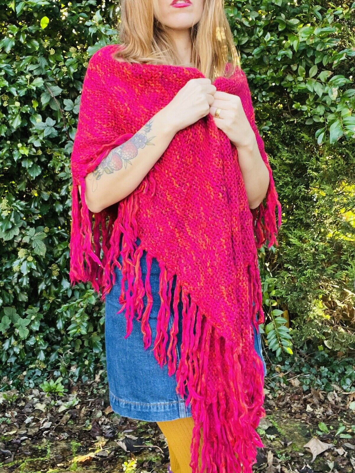 Vintage Boho Crochet Shawl Hippie Triangle Knit Wrap Cape Cottage Whimsy Scarf